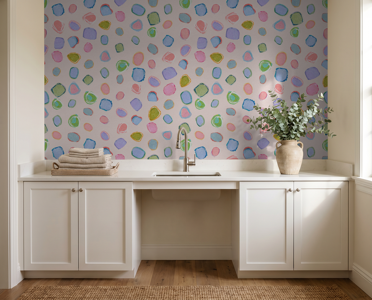 Colorful abstract wallpaper with pastel shapes in a modern kitchen setting.