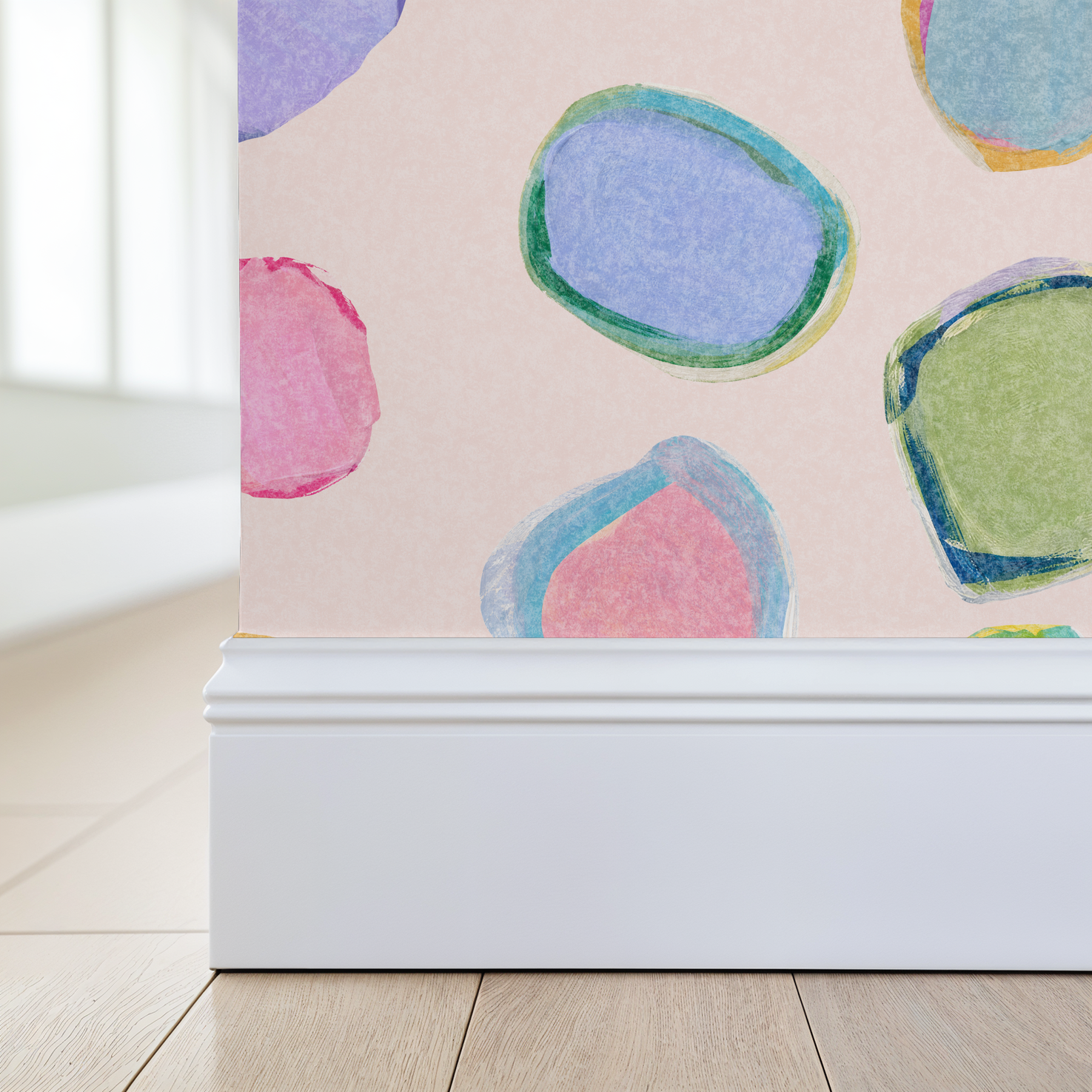 Colorful abstract pastel shapes on Gumdrop Fields wallpaper in modern room.