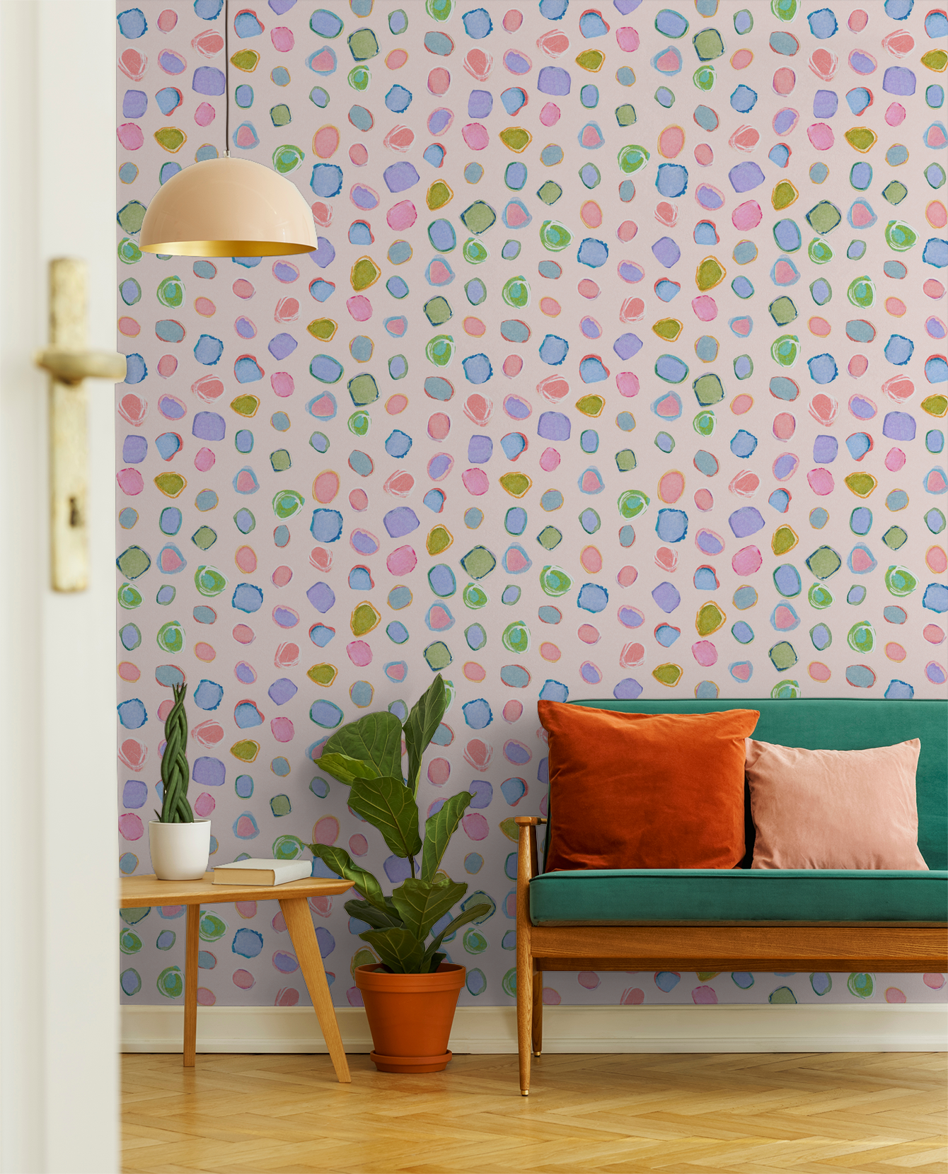 Colorful abstract wallpaper with pastel shapes in a cozy living room setting.