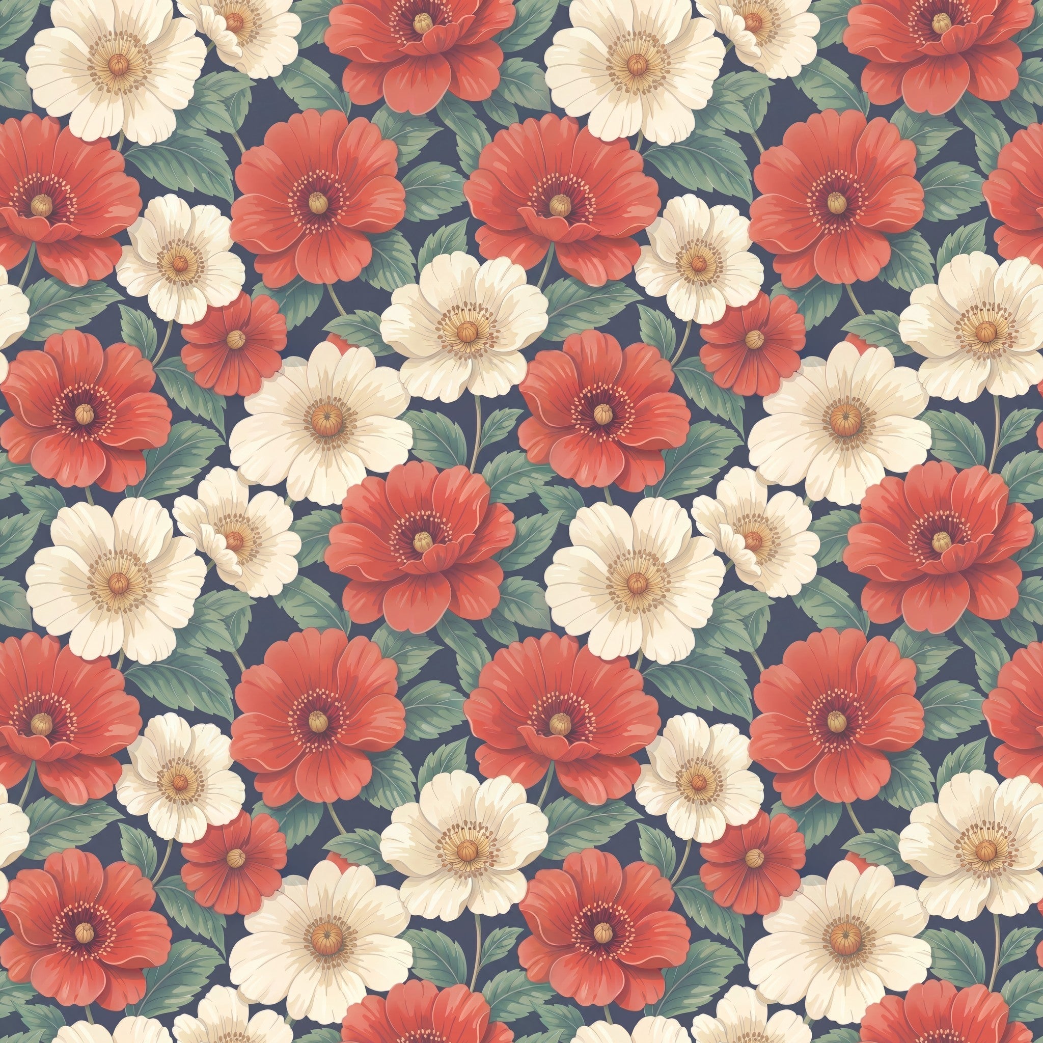 Floral wallpaper with red and white flowers on a deep backdrop, lush garden theme.