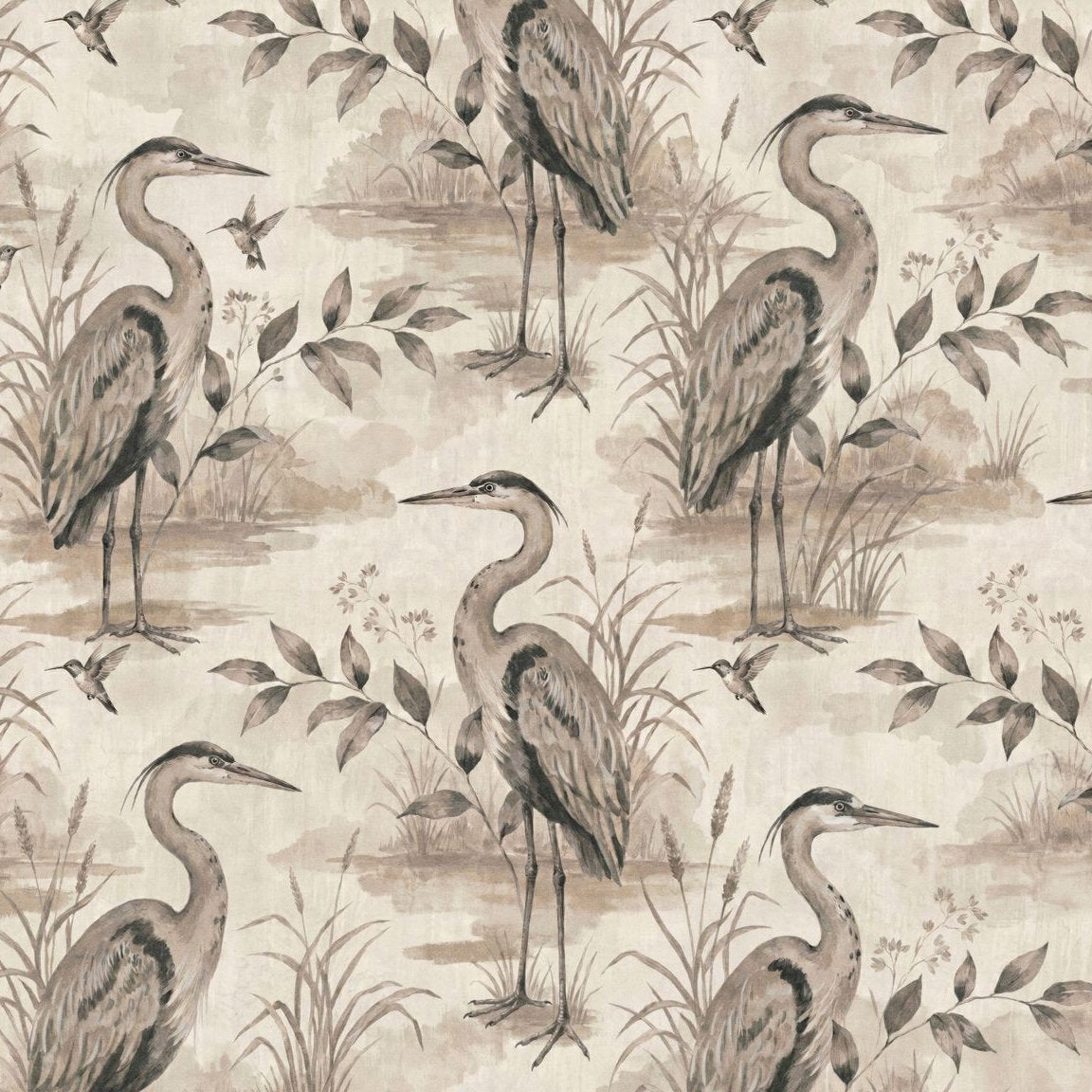Heron Lake wallpaper with taupe herons and foliage in a serene natural setting.