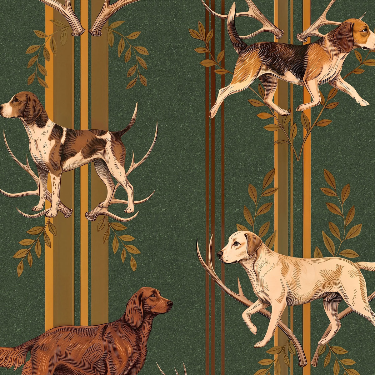 Hunter's Pursuit wallpaper with hunting dogs and antlers on green background.