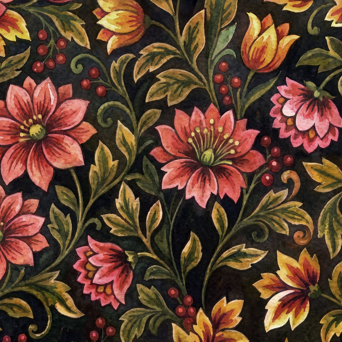 Vintage floral wallpaper with red and pink flowers on dark background
