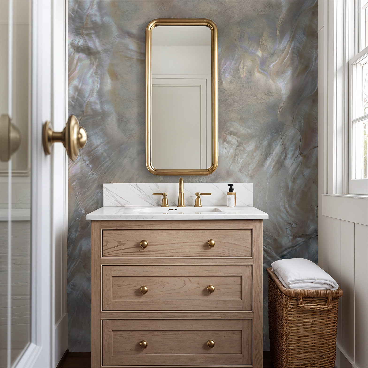Iridescent textured wallpaper in elegant bathroom with gold accents.