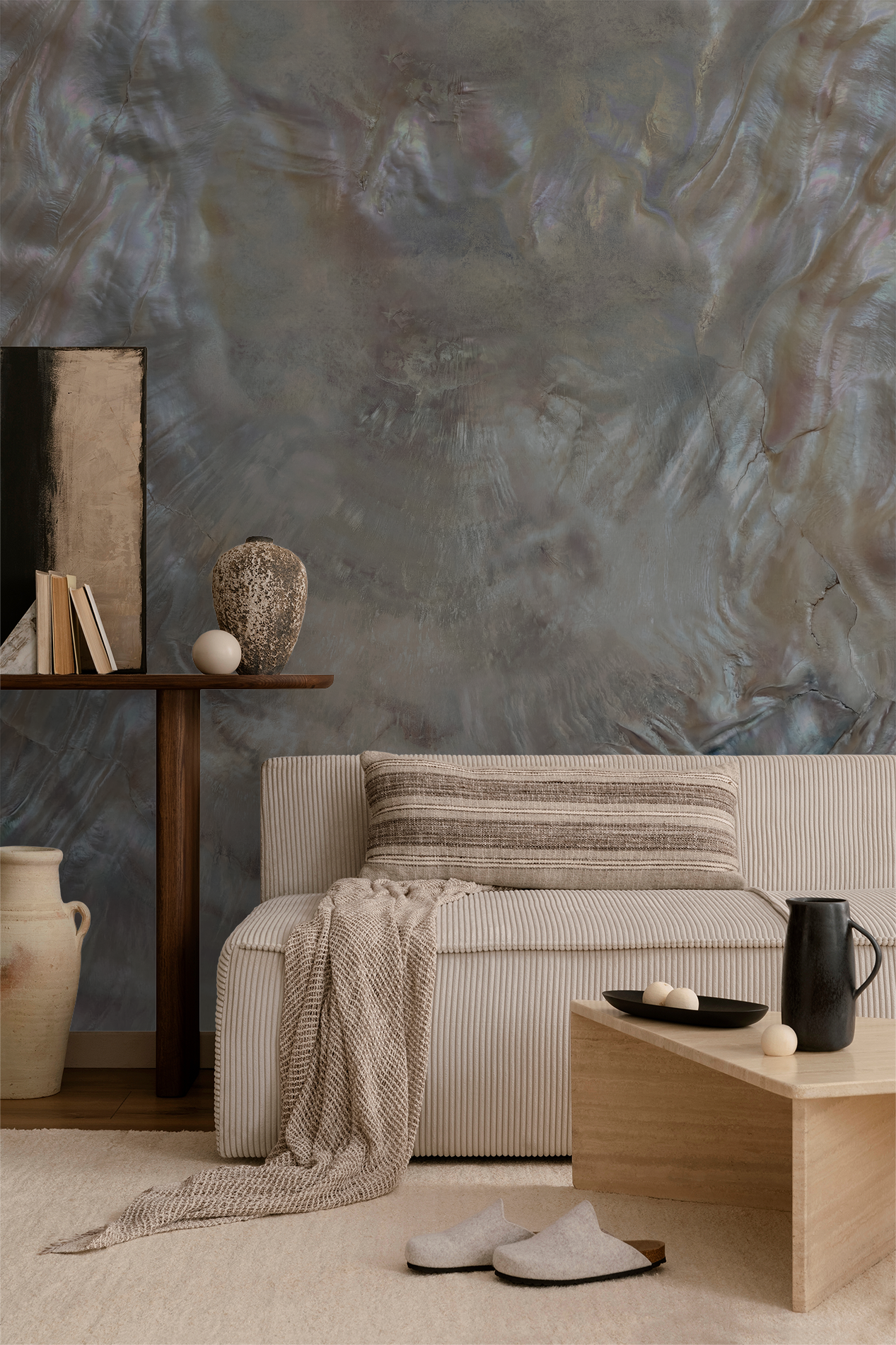 Iridescent textured wallpaper in modern living room with neutral decor.