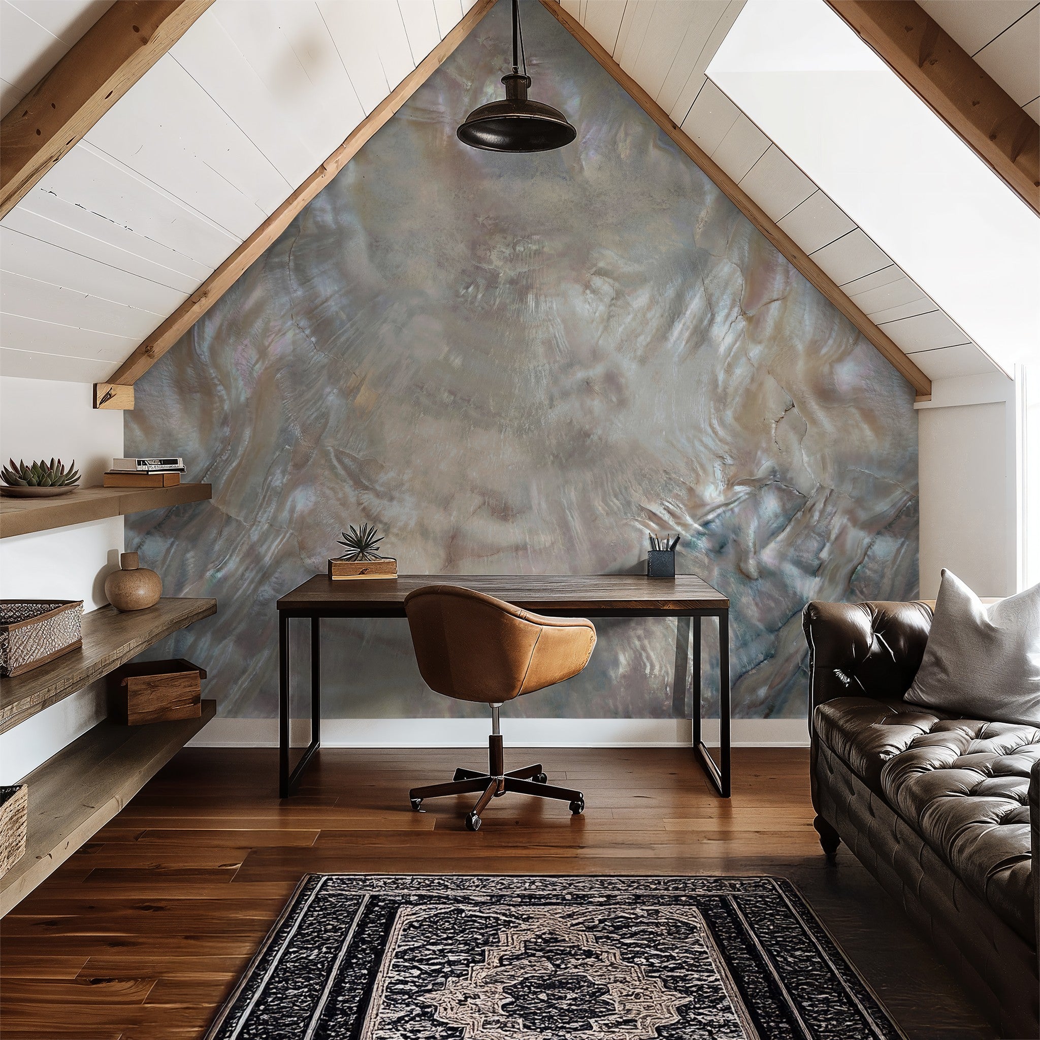 Elegant iridescent wallpaper in modern attic office with leather chair and wooden desk.