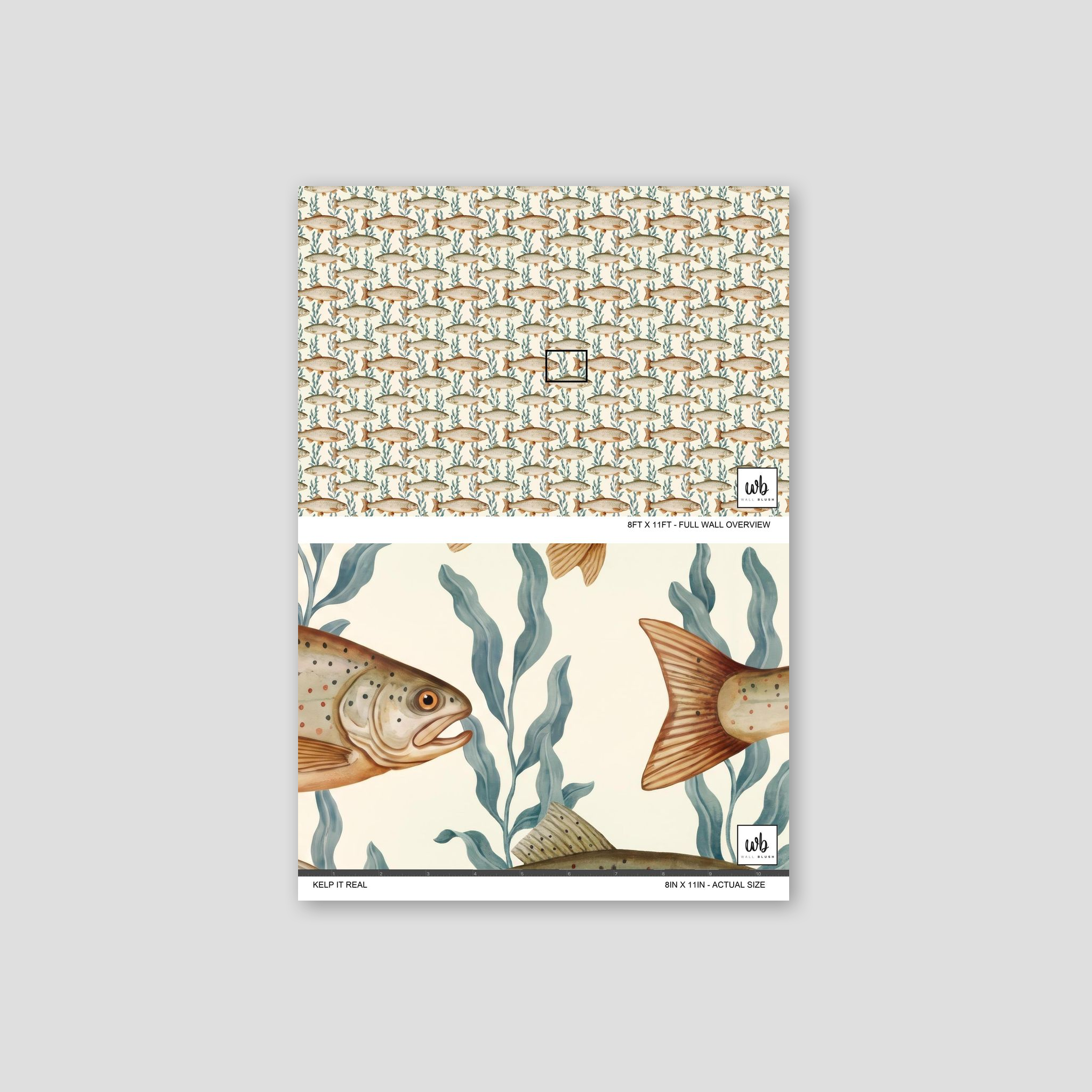 Kelp it Real wallpaper with fish and seaweed in muted tones on cream background.