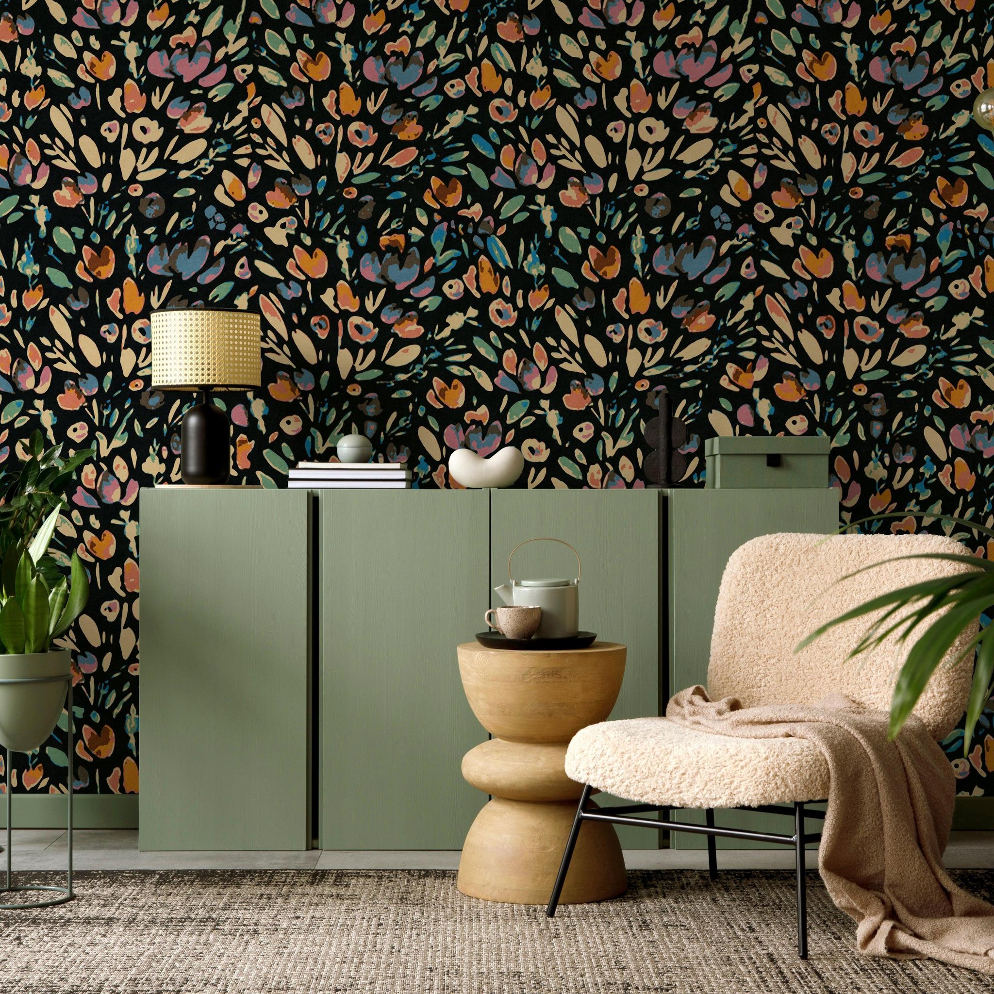 Wall Blush SG02 Kit Wallpaper in a Cozy Living Room with Modern Decor and Lush Greenery.