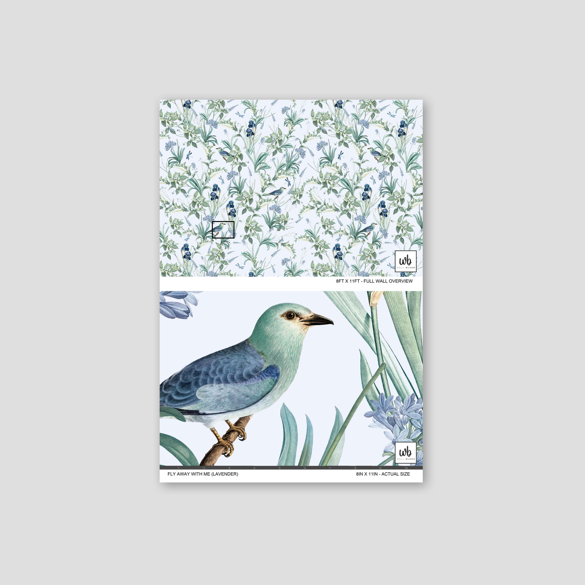 Lavender floral wallpaper with birds and foliage in serene botanical design.