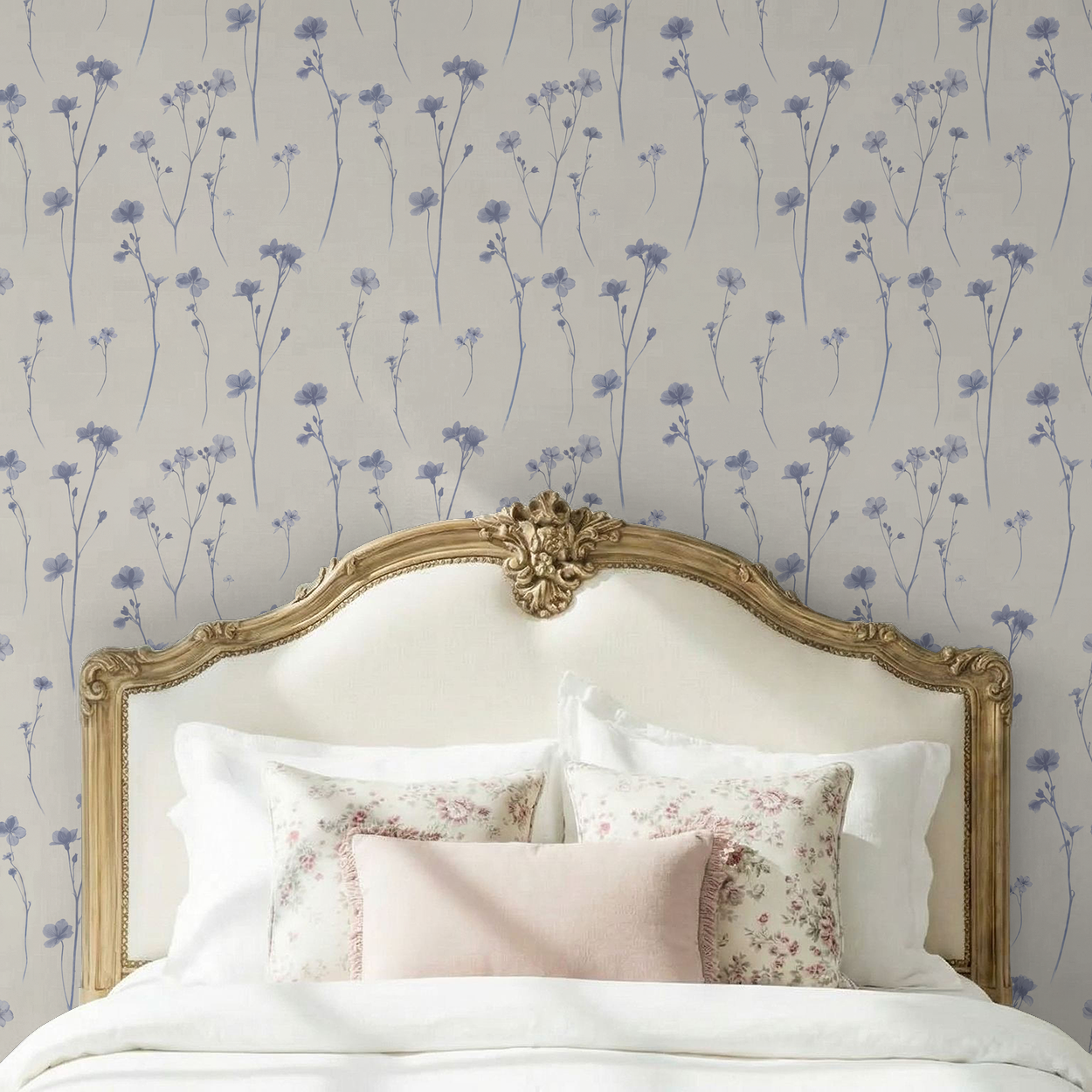 Lavender floral wallpaper in elegant bedroom with ornate headboard.