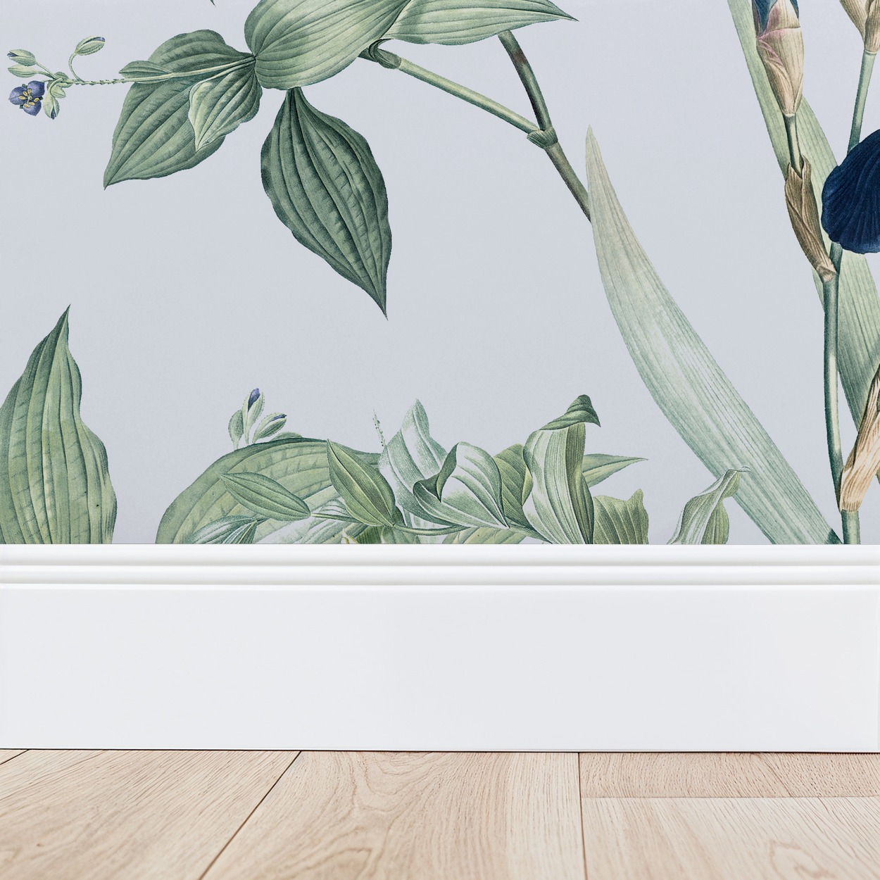 Lavender floral wallpaper with green leaves and flowers above white baseboard