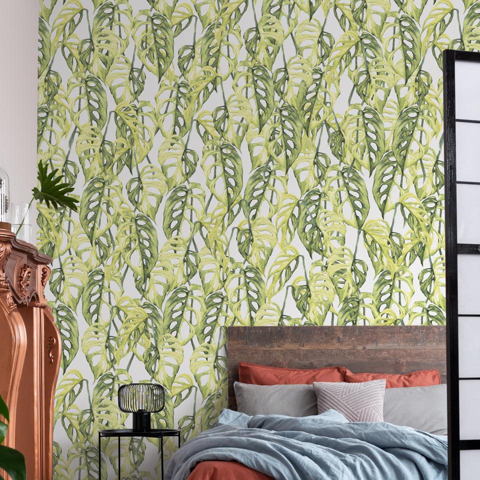 Virdis Wallpaper by The Nida Jahain Line enhancing a cozy bedroom interior with botanical design.
