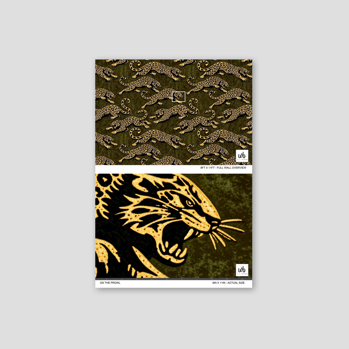 Leopard pattern wallpaper in gold on earthy green background, bold wildlife design.