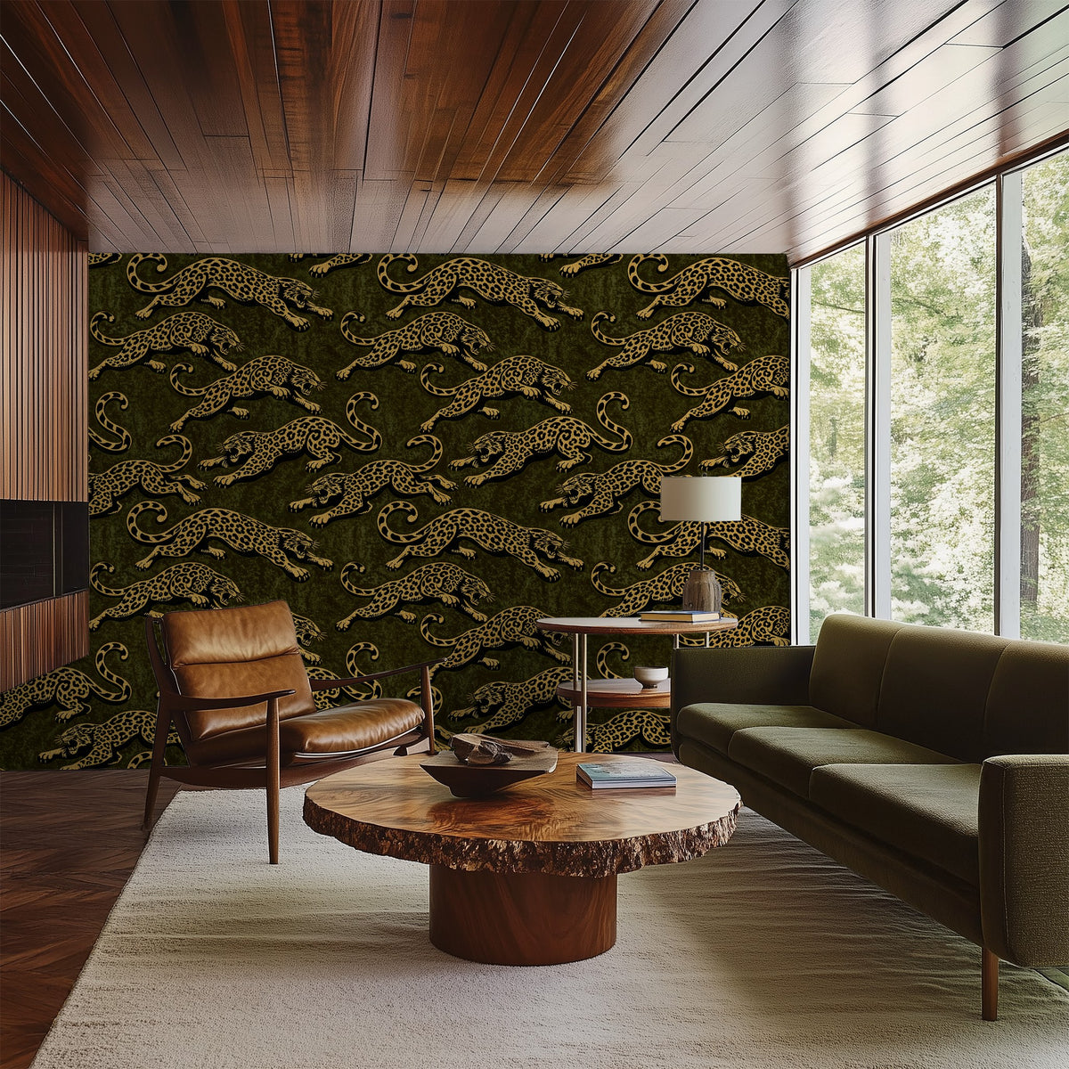 Leopard pattern wallpaper in green and gold in a modern living room setting.