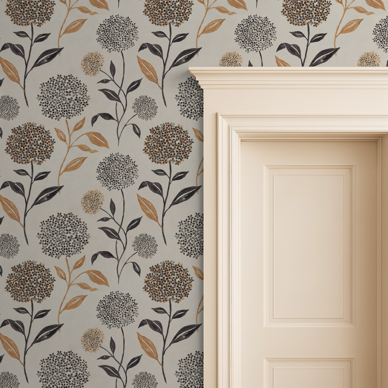 Lily Mae floral wallpaper with terracotta and charcoal blooms on ivory backdrop beside a cream door.