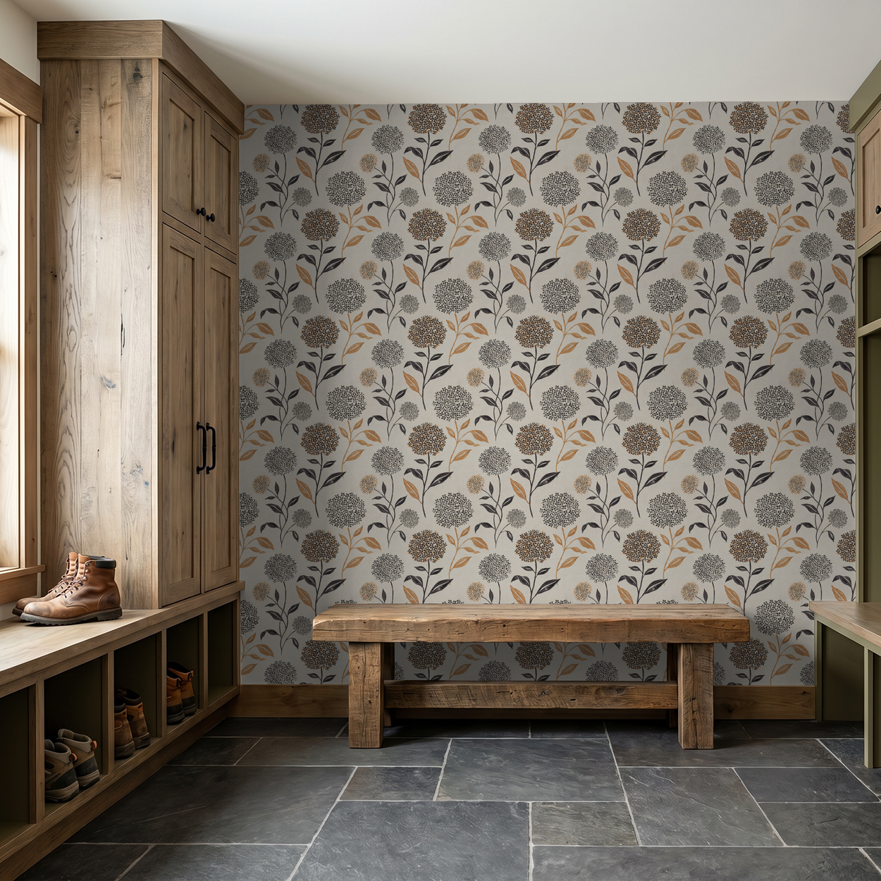 Lily Mae floral wallpaper with terracotta and charcoal blooms in rustic entryway.