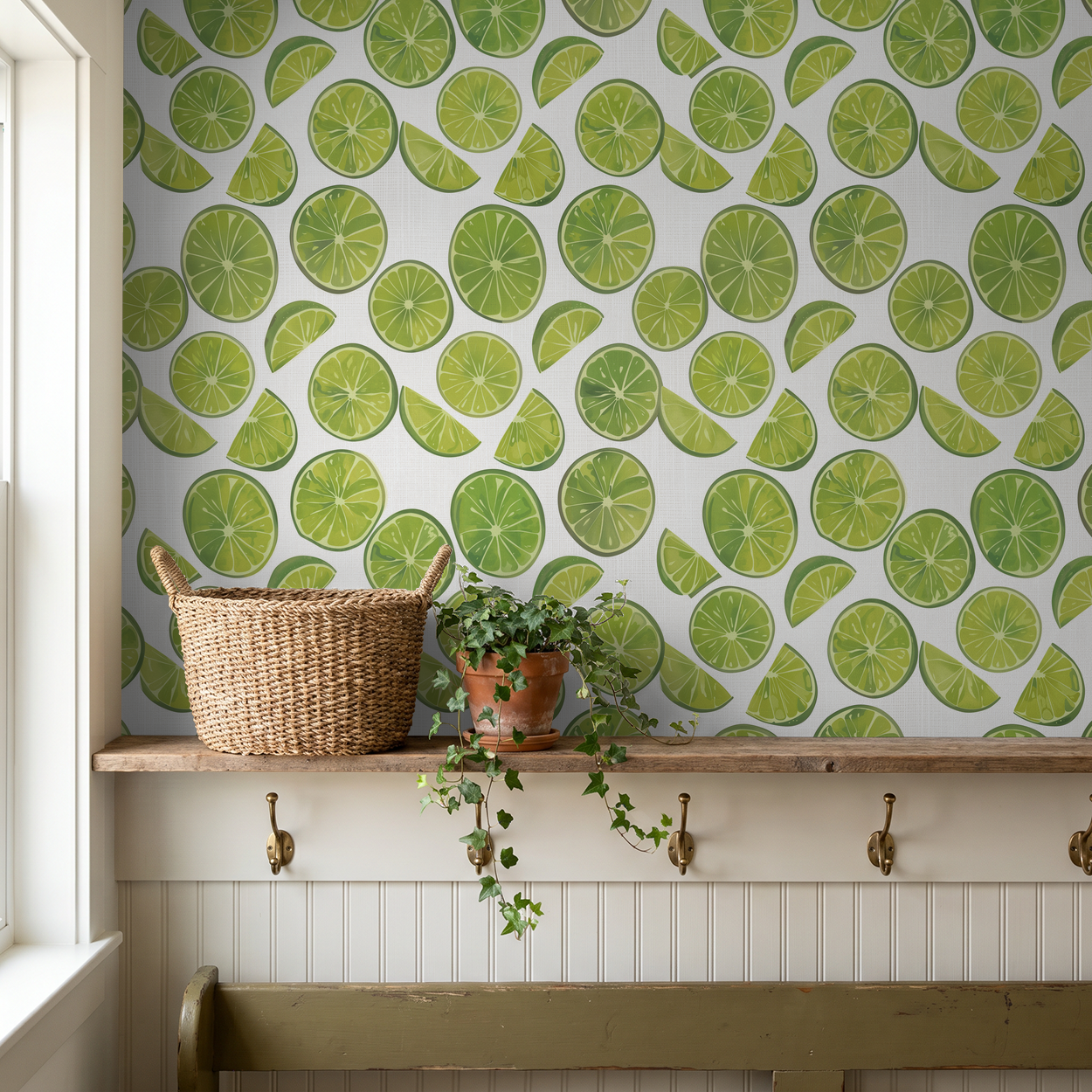 Lime slice patterned wallpaper in a cozy room with plants and wicker basket.