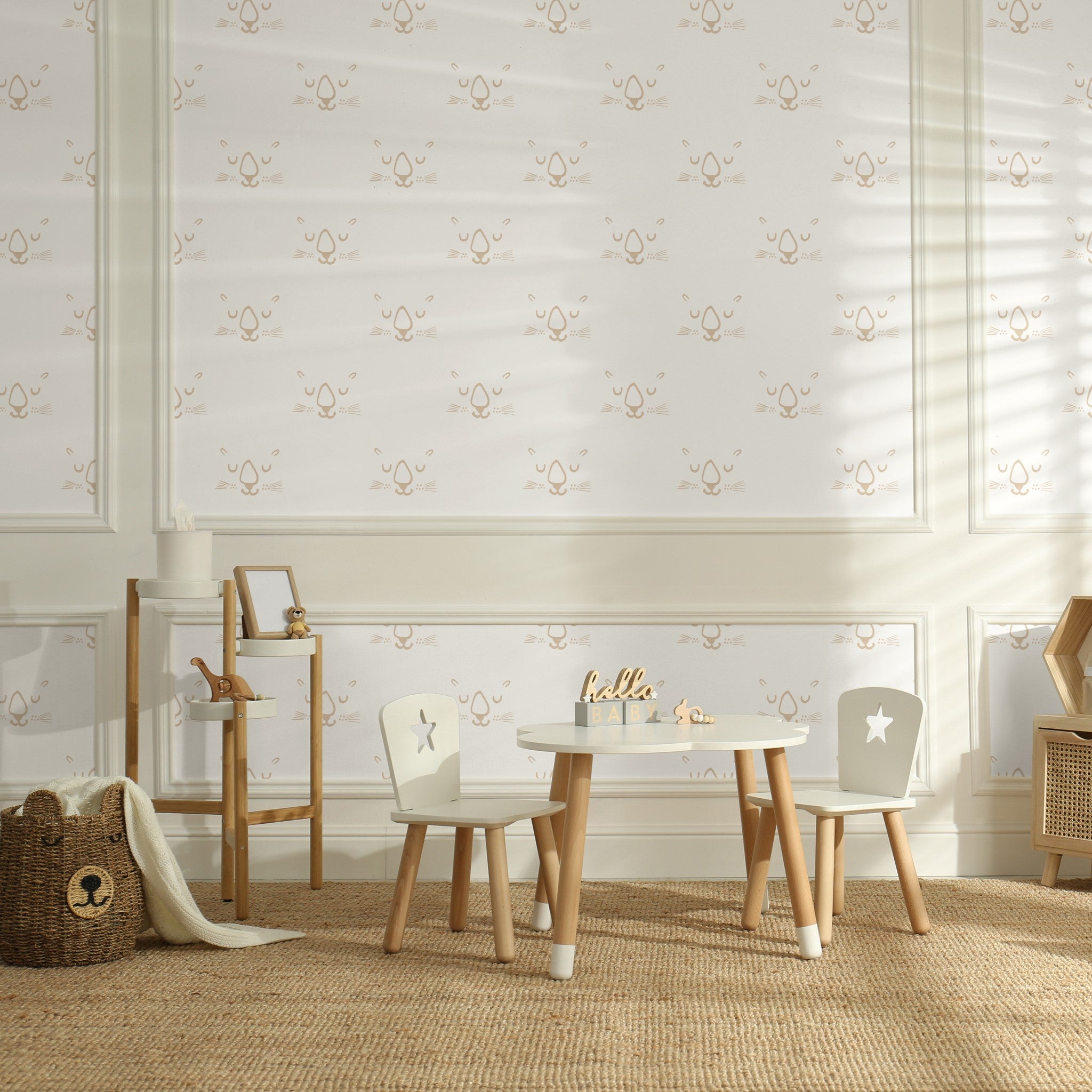 "Whiskers Wallpaper by Wall Blush in a bright, sunny children's room highlights playful cat designs, creating a warm, inviting space."