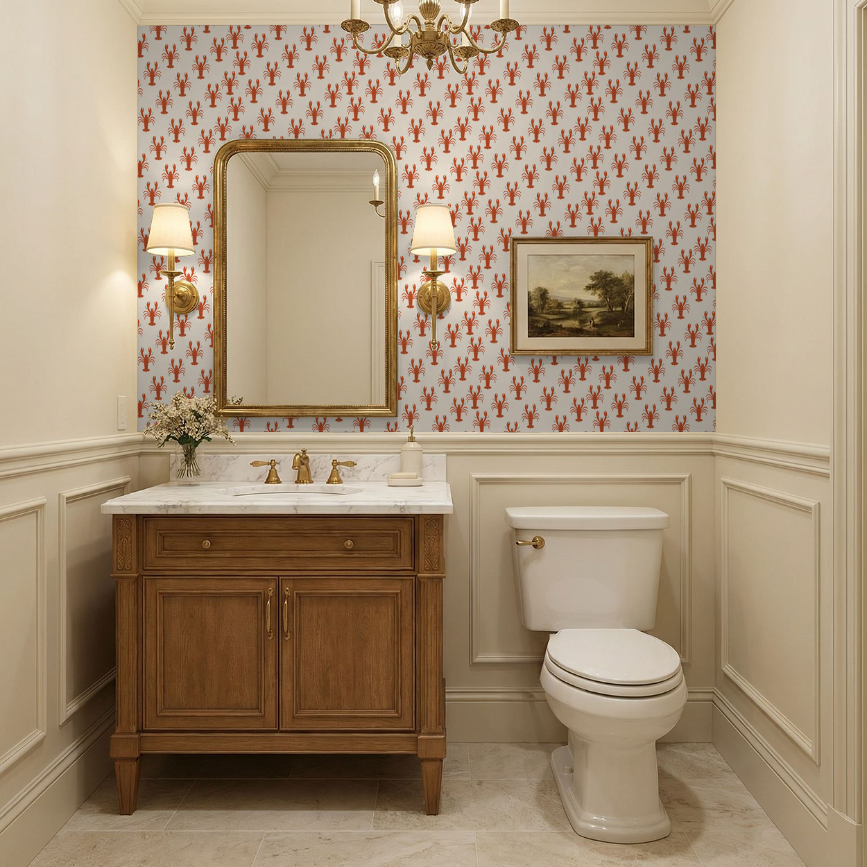 Bathroom with lobster motif wallpaper on cream background, wooden vanity, and gold accents.