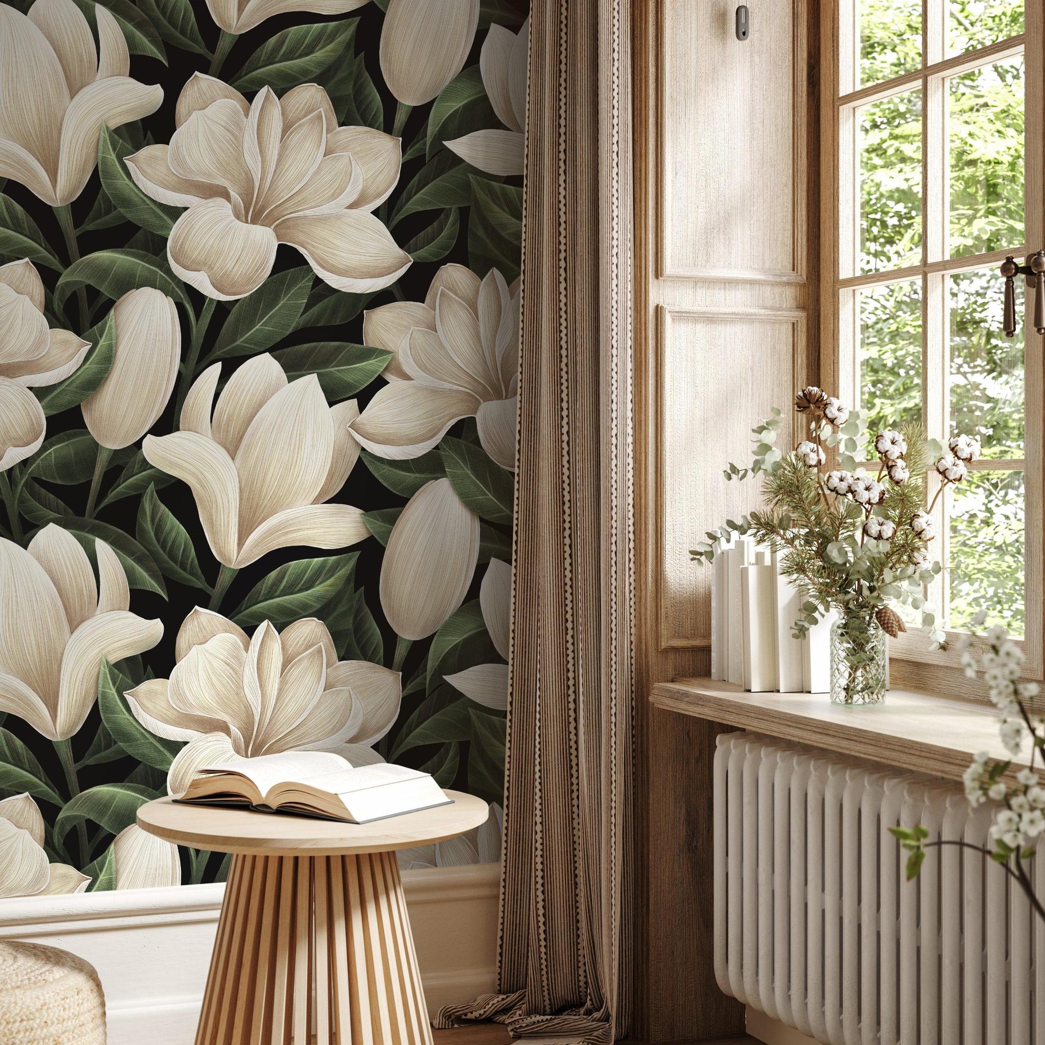 Magnolia Wallpaper by Wall Blush SG02 in a cozy reading corner, showcasing the floral design as the focal point.