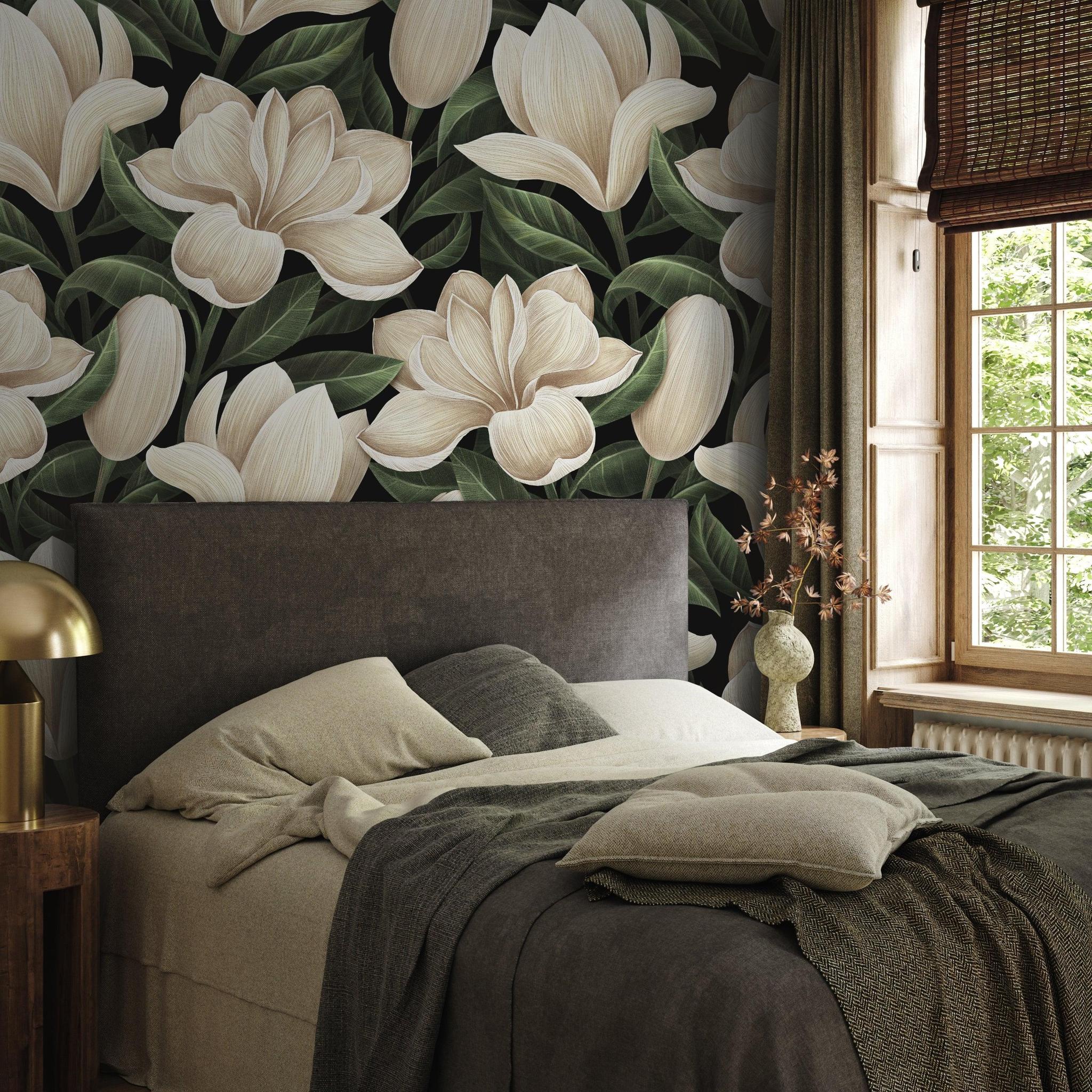 Alt: Magnolia Wallpaper by Wall Blush SG02 in a cozy bedroom, showcasing the vibrant, floral design as focal point.