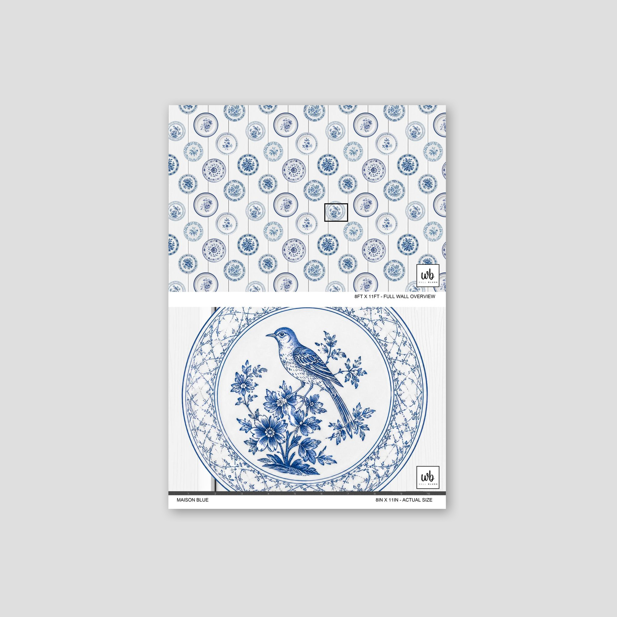 Maison Blue wallpaper with vintage blue porcelain plates and bird motifs