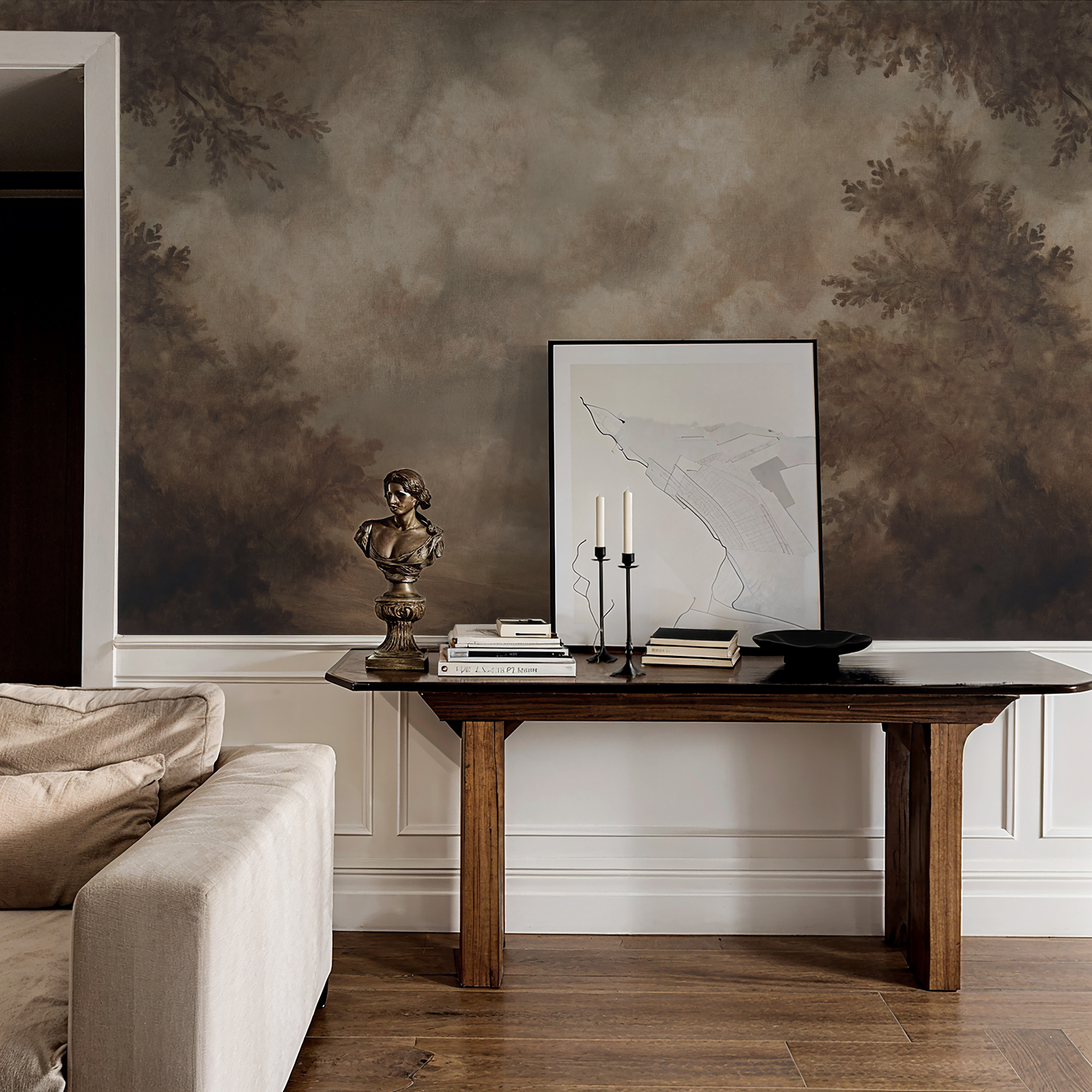 Maroon cloud wallpaper in elegant living room with wooden table and decor.