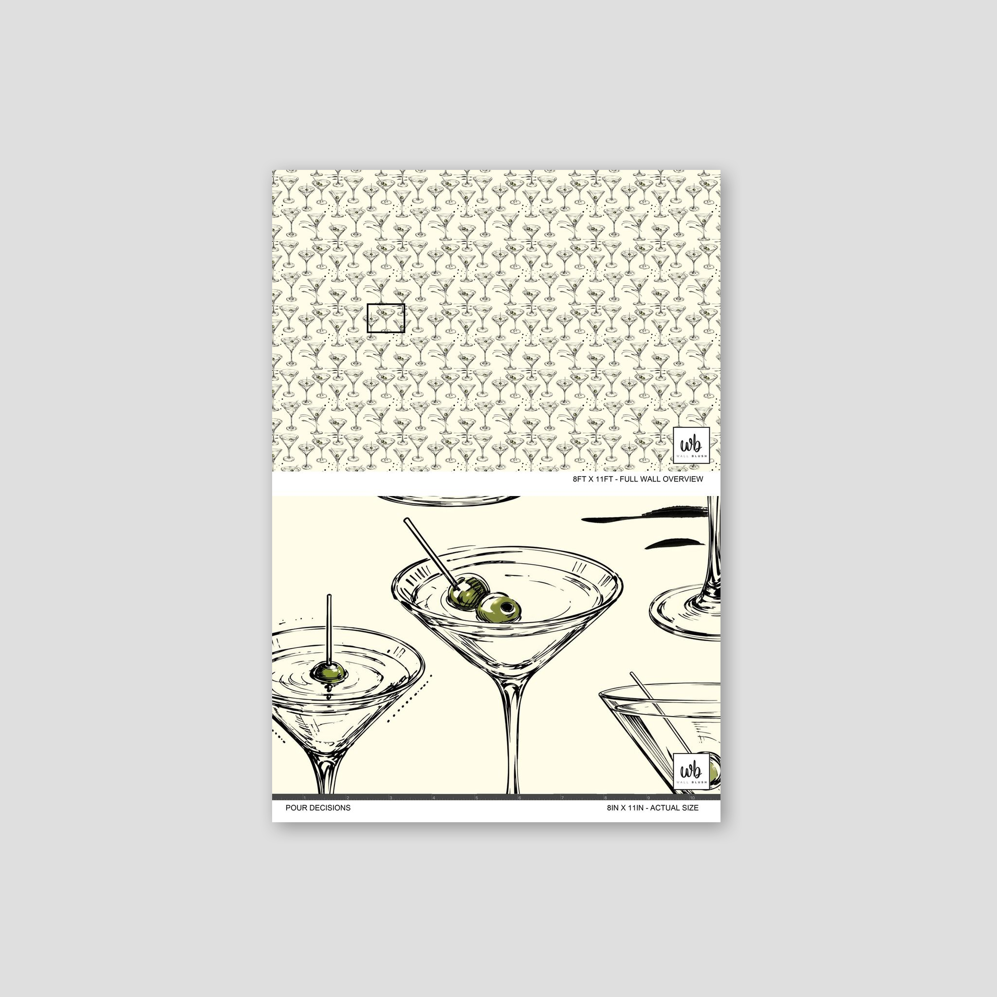 Elegant martini glass pattern wallpaper with olives on cream background.