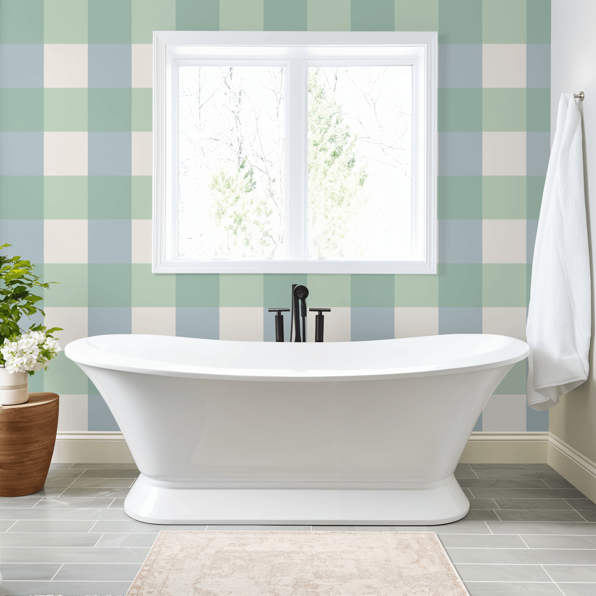 Simply Gingham Large (Green & Blue) Wallpaper