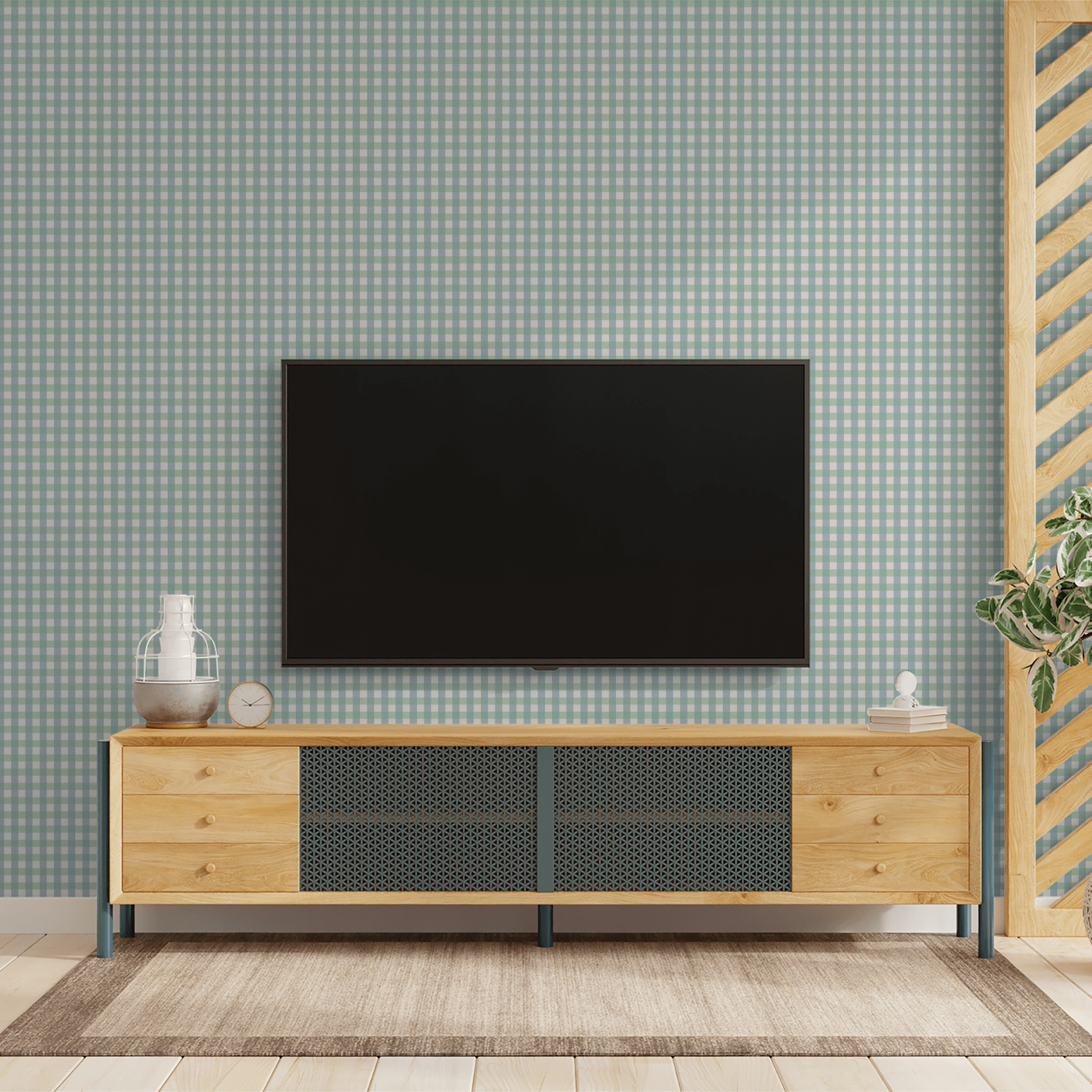 Simply Gingham Small (Green & Blue) Wallpaper