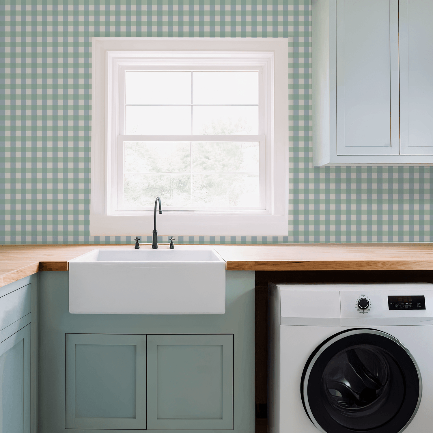 Simply Gingham Small (Green & Blue) Wallpaper