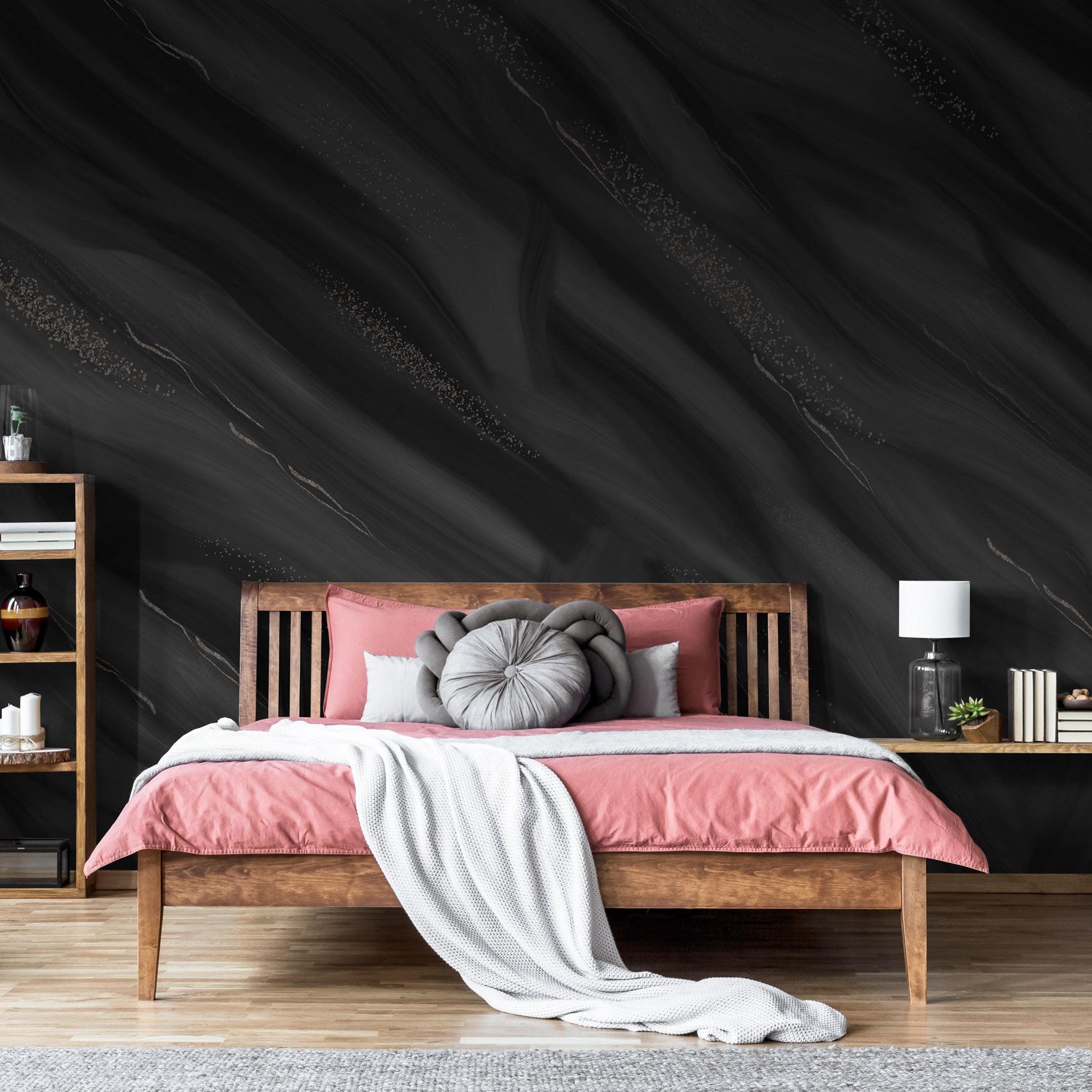 Midnight Mood Wallpaper from The Kail Lowry Line featured in a cozy bedroom setting, highlighting sophistication.