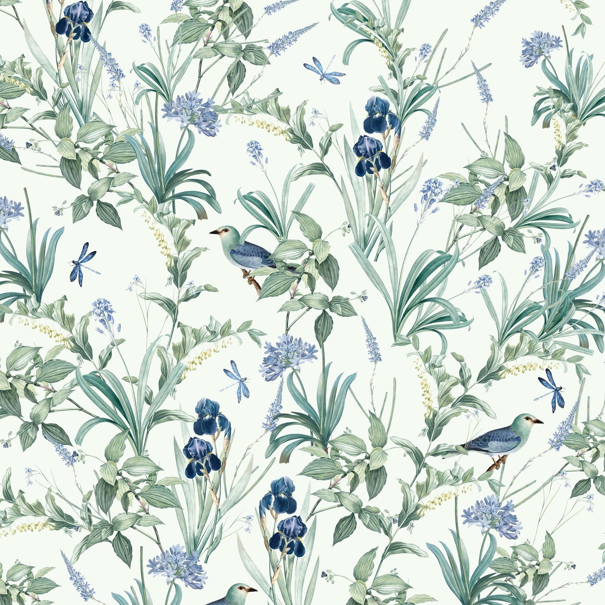 Mint wallpaper with blue irises, birds, dragonflies, and green foliage in a botanical pattern.