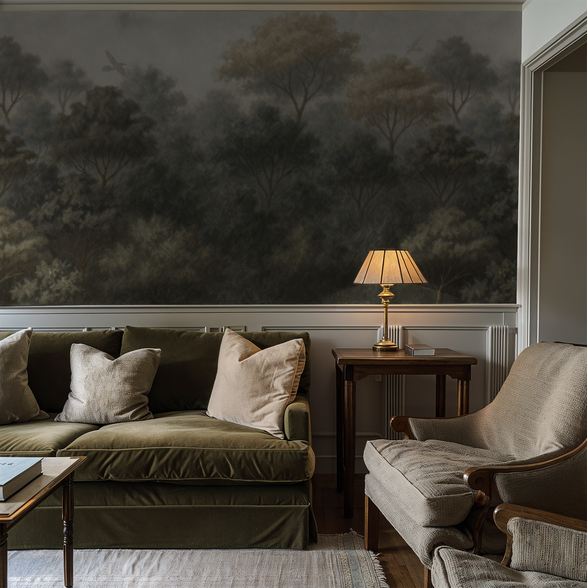 Misty forest scene wallpaper in muted greys and browns in an elegant living room setting