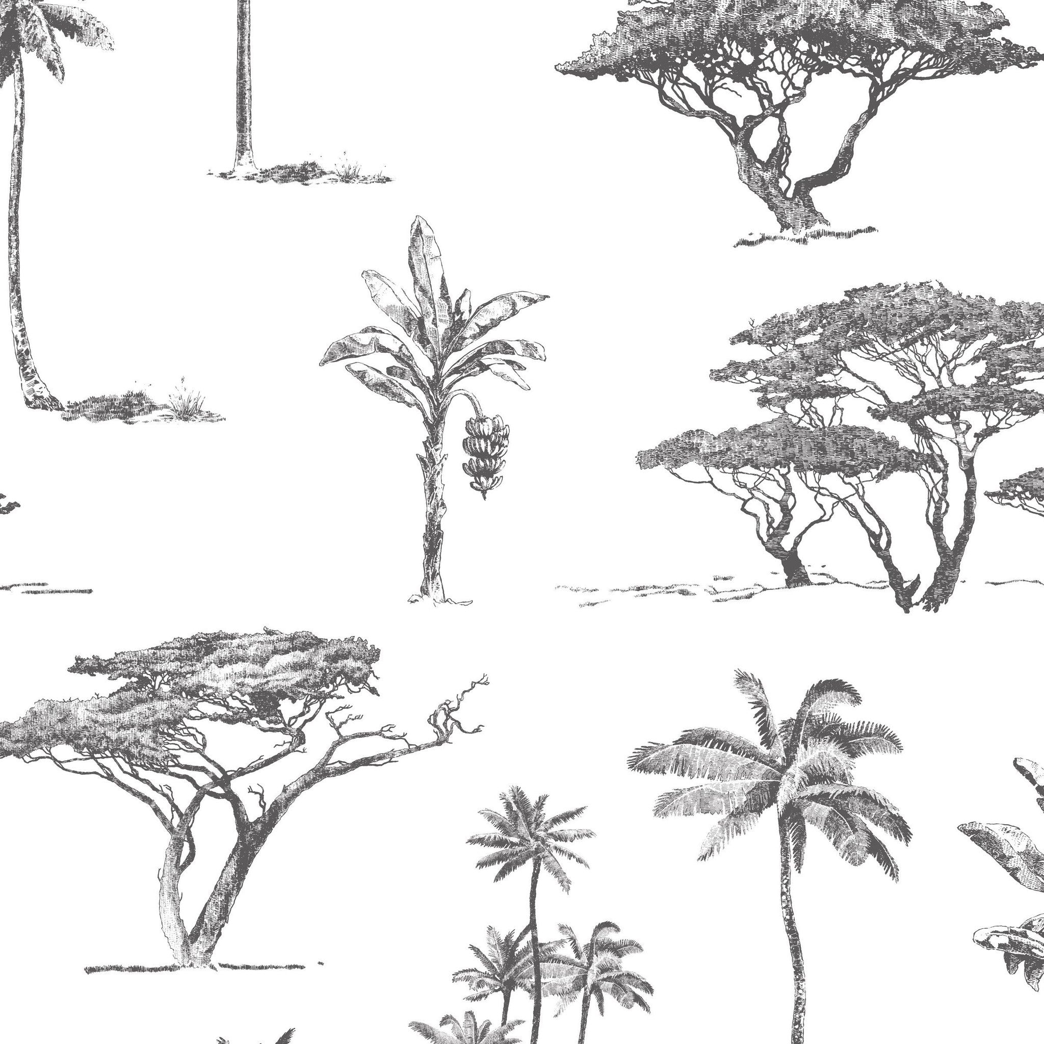 Monochrome botanical wallpaper with intricate tree sketches on white background.