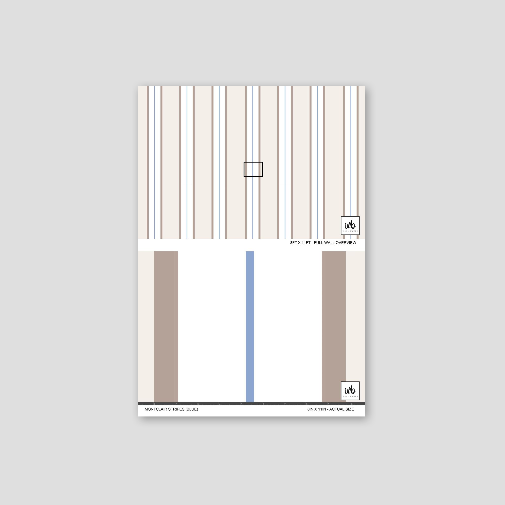 Montclair Stripes Blue wallpaper sample with soft neutral and blue stripes