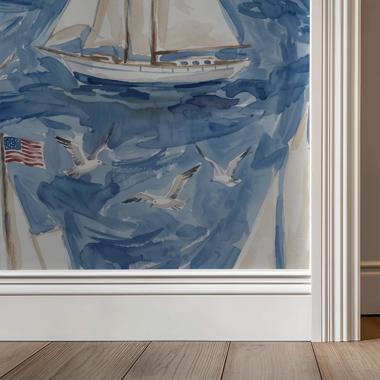 Nautical wallpaper with sailboat, seagulls, and American flag in blue watercolor.
