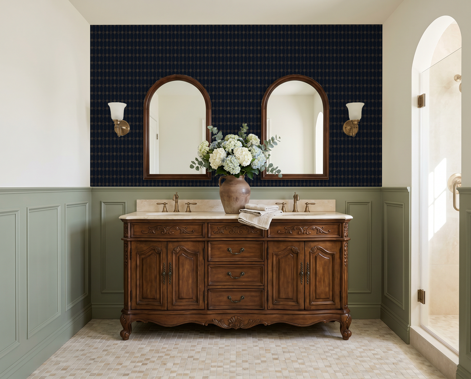 Navy and gold geometric wallpaper in elegant bathroom with wooden vanity.