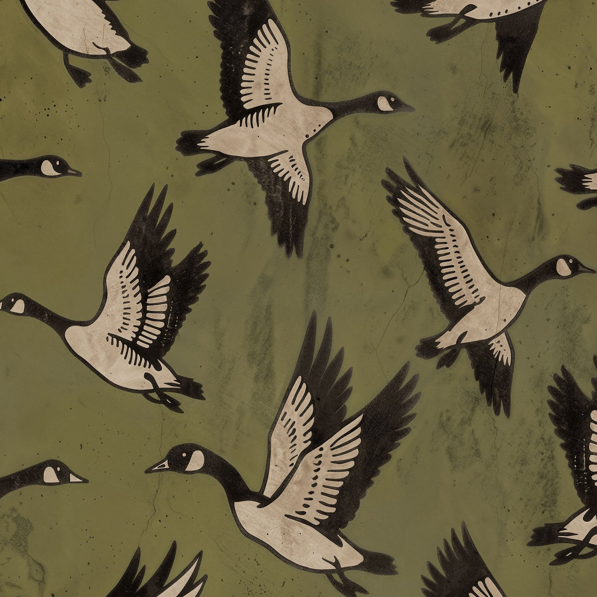 Olive green wallpaper with black and white flying birds pattern.