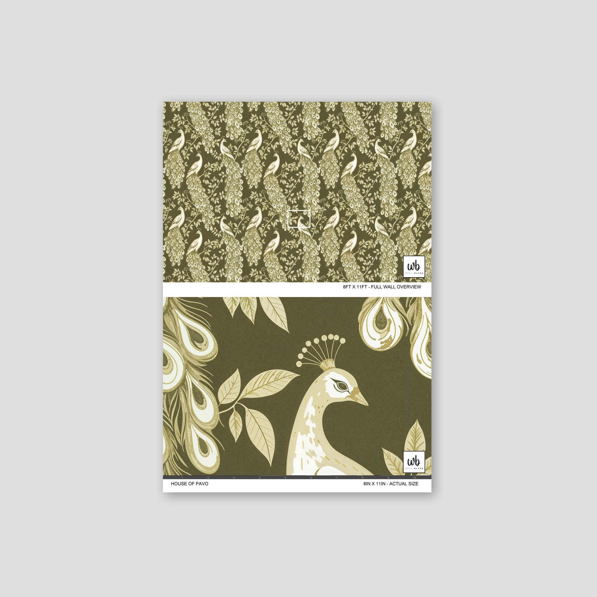 Olive-green wallpaper with ivory peacocks and foliage pattern, elegant and ornate.