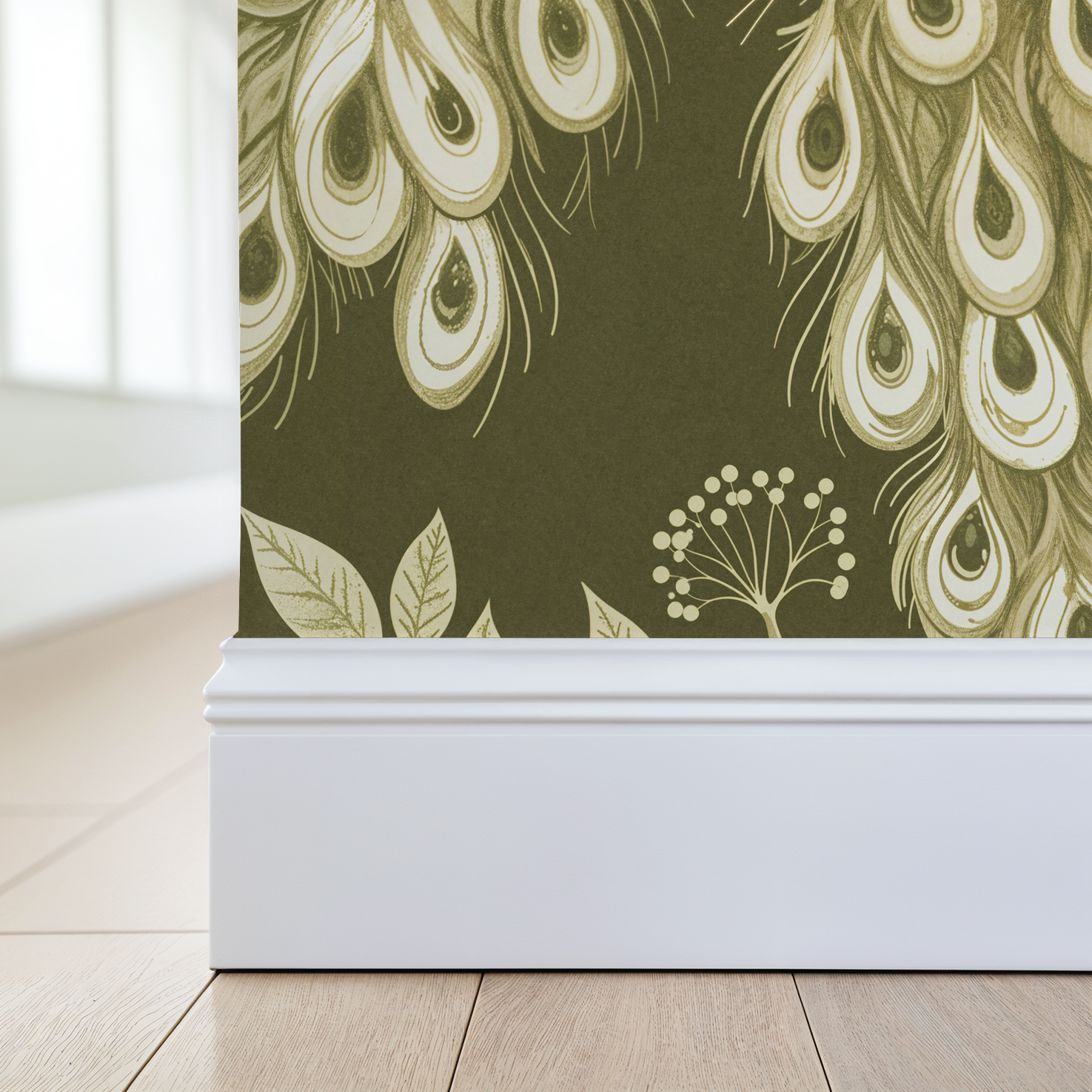 Olive green wallpaper with ivory peacock feathers and foliage detail