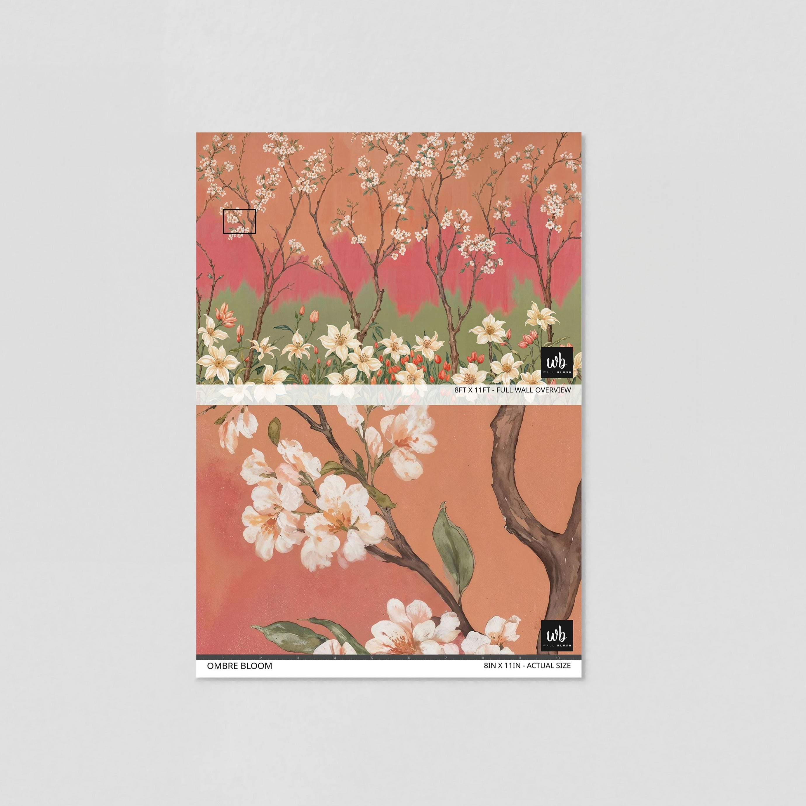 "Wall Blush Ombre Bloom Wallpaper showcasing floral design in a bedroom setting, warm tones with focus on texture and pattern."