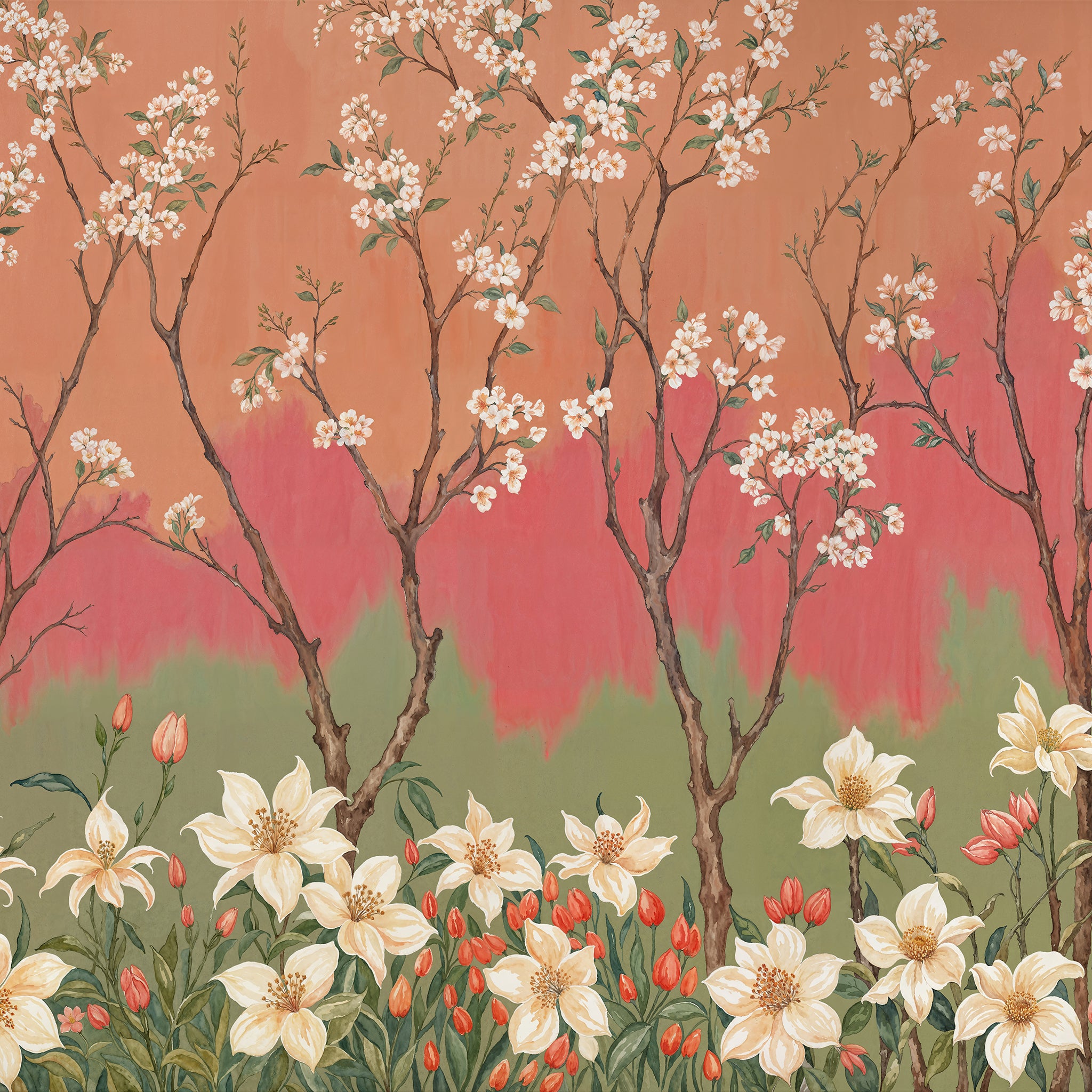 "Ombre Bloom Wallpaper by Wall Blush featuring floral pattern in a stylized living room setting."