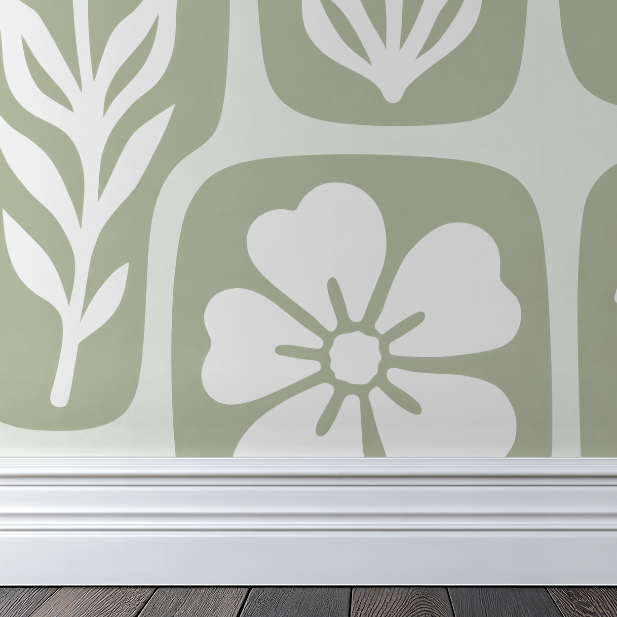 Pale sage green and white floral wallpaper with mid-century modern motifs.