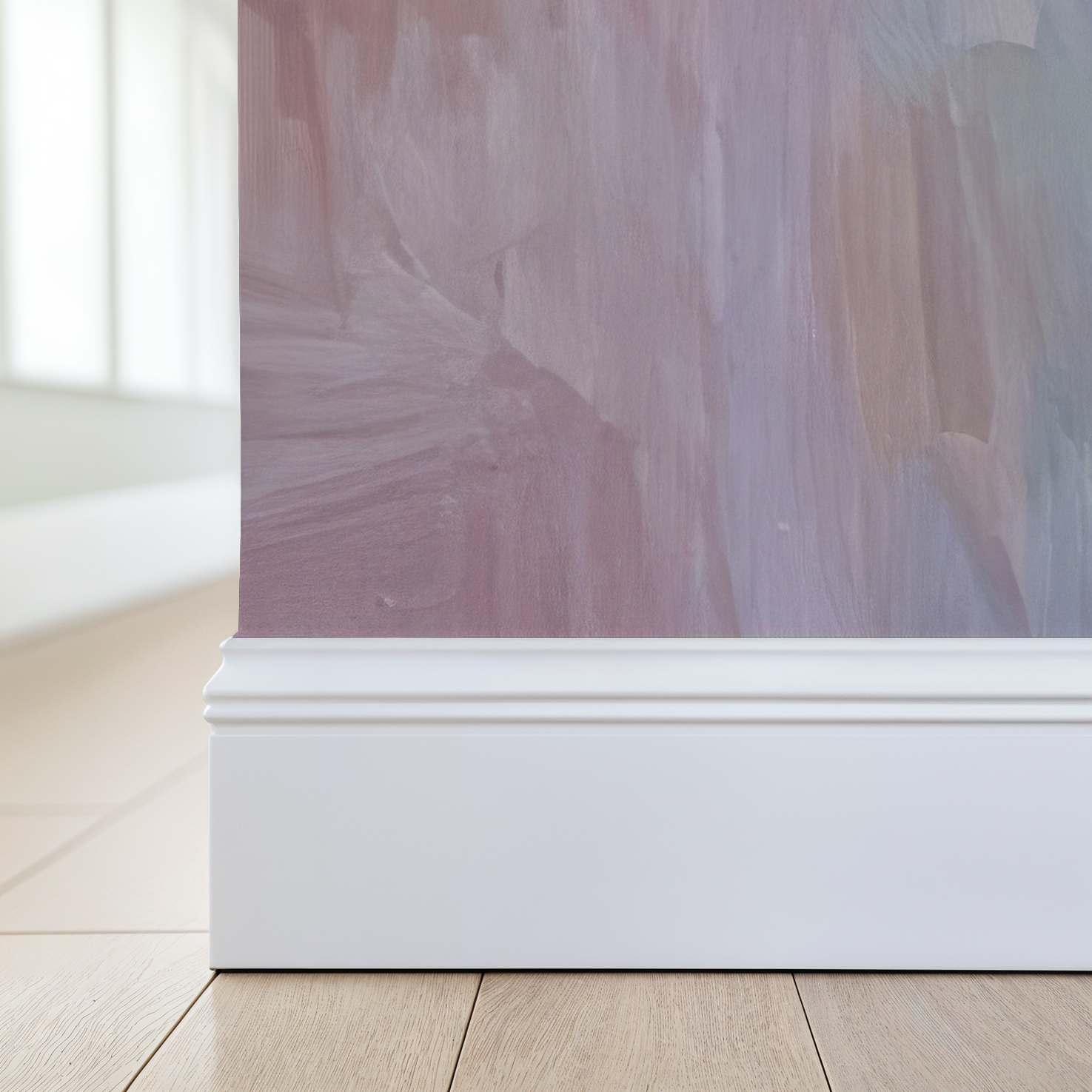 Pastel abstract wallpaper with soft hues and flowing forms in a modern room.
