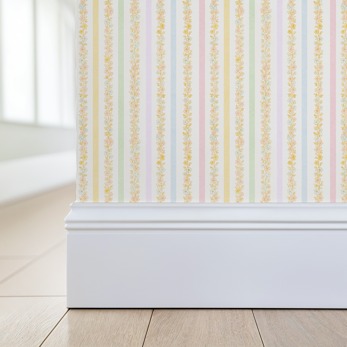 Pastel floral stripe wallpaper in soft yellows, pinks, and blues in a bright room.