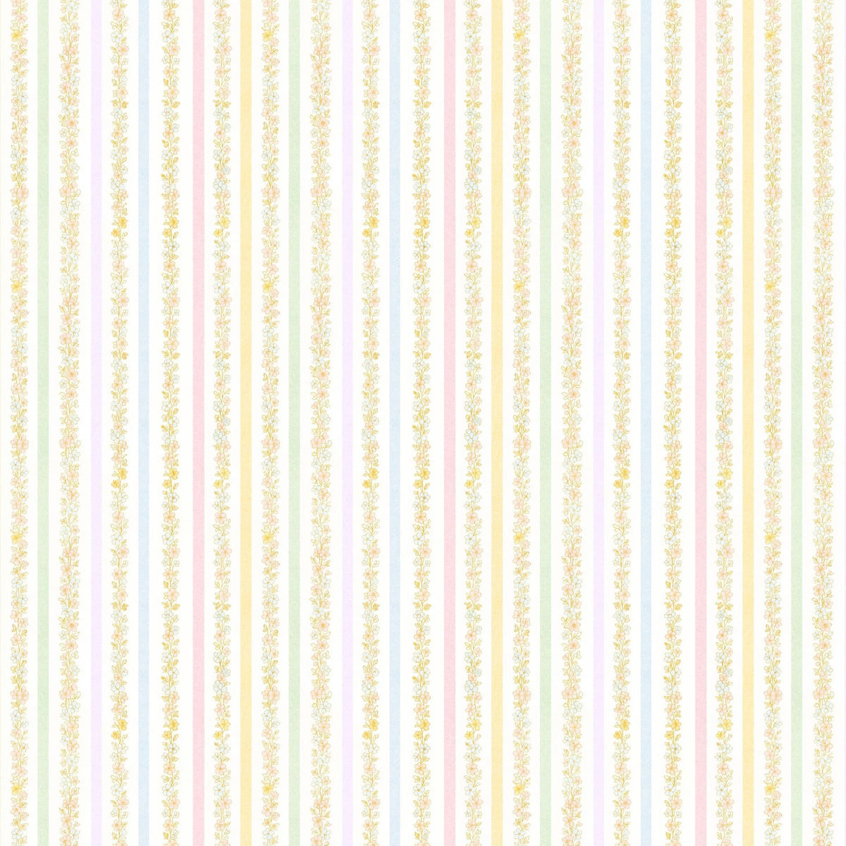 Pastel floral striped wallpaper with yellow, pink, blue vertical patterns.