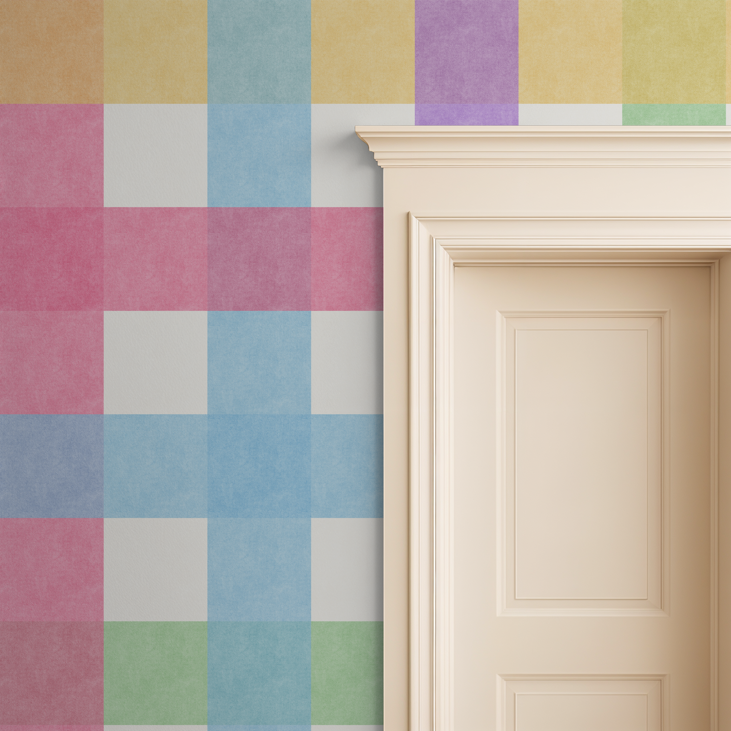 Pastel gingham wallpaper in pink, blue, green, yellow by a cream door.