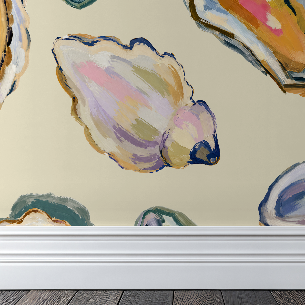 Pastel shell pattern wallpaper in a coastal room setting with wood floor.