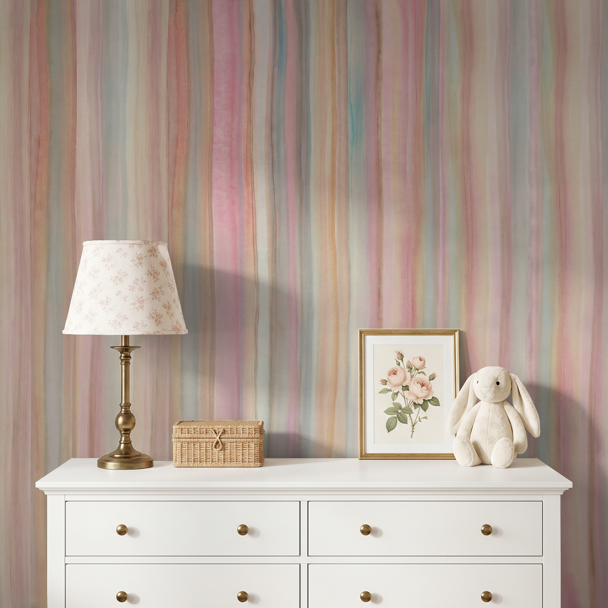 Pastel striped wallpaper in serene nursery with lamp and decor.